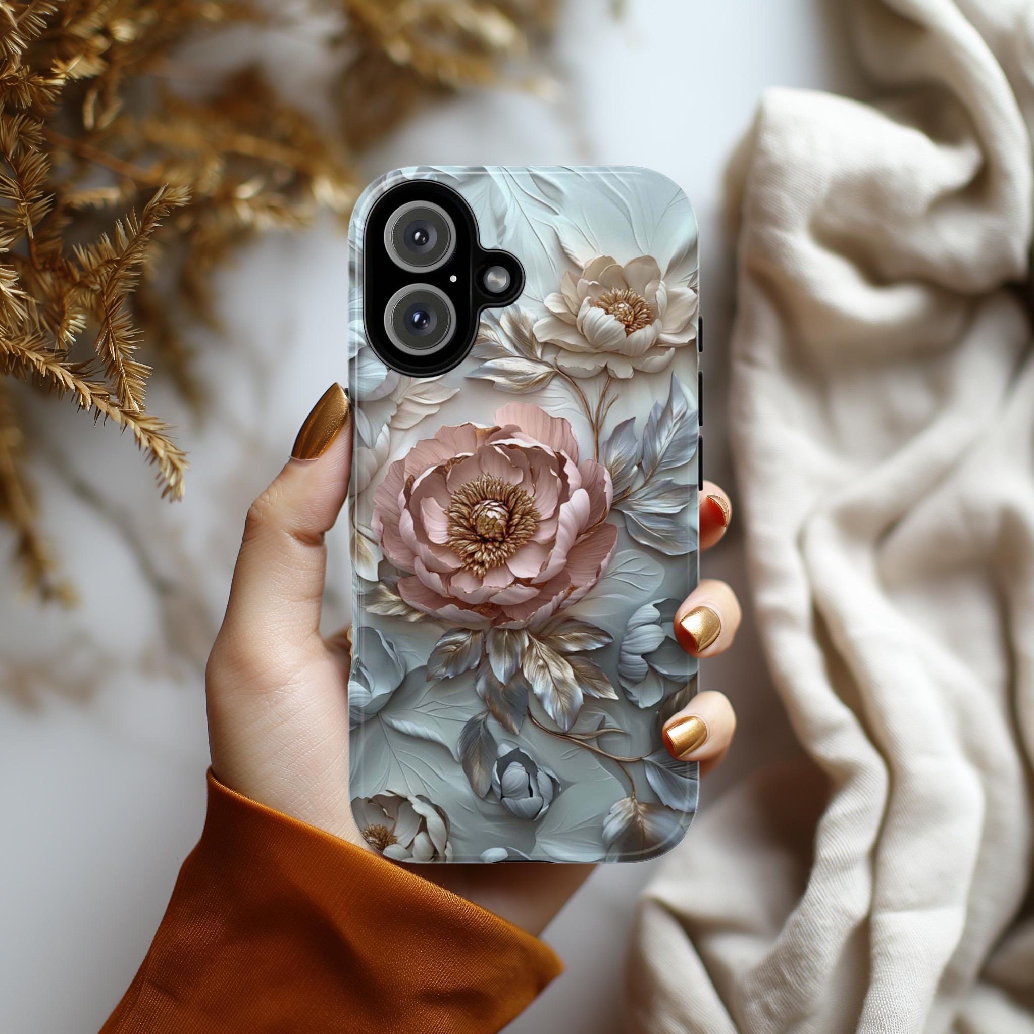 3D Pastel Peonies Flowers Phone Case, Boho Floral Artistic Protective Cover for iPhone 16, 15, 14, 13 Tough or Magsafe, Samsung, 439.36