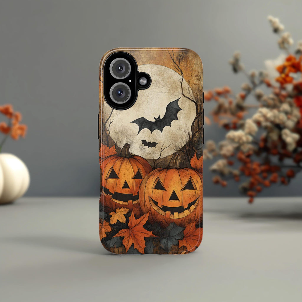 Halloween Autumn Phone Case, Pumpkins Bats & Moon, Spooky Seasonal Cover in Artistic Fall Style for iPhone Tough or Magsafe, Samsung, 475.2