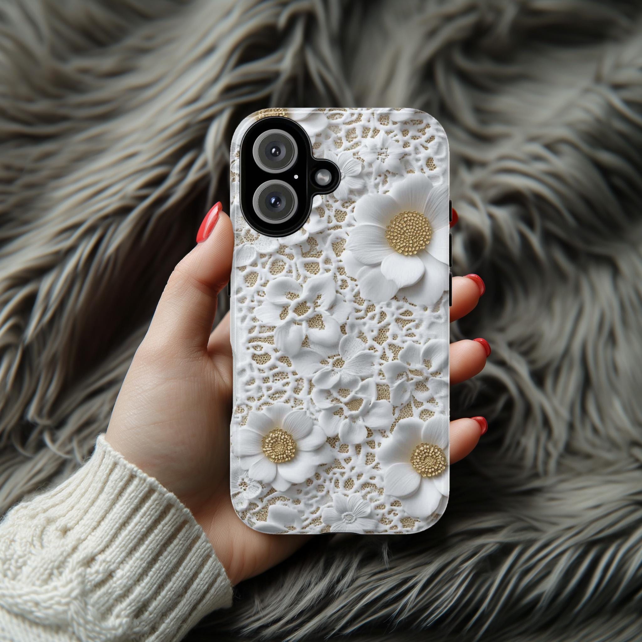 Elegant White Lace Floral Phone Case, Wedding Gift for Bride Cover, Bridal Accessory for iPhone 17 16 15 Tough or Magsafe, Samsung, 439.79