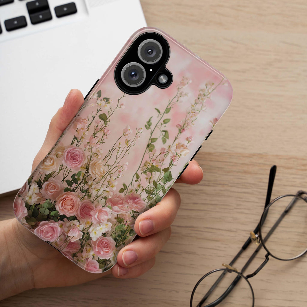 Pink Floral Art Phone Case, Roses Blossom Design Floral Case iPhone 16 15 14 13 Pro Max Plus Magsafe, Samsung S25 S24, 428.22