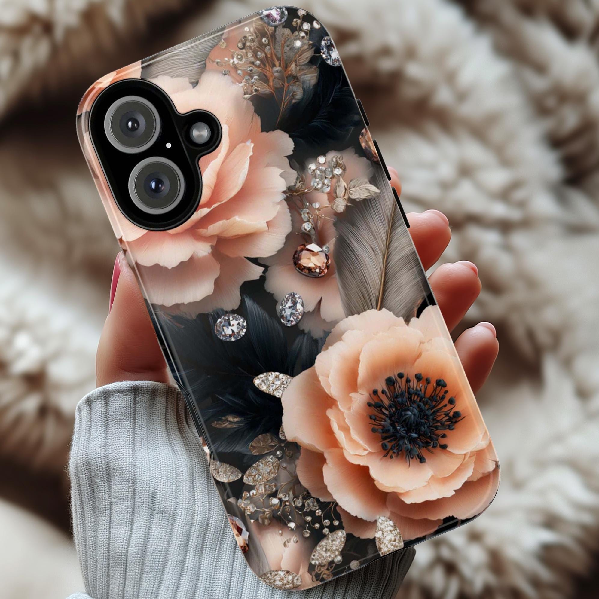 Luxury Anemone Flower Phone Case, Stylish Crystal Accents Rose Floral Design Cover for iPhone 16 15 Tough or Magsafe, Samsung, 476.27