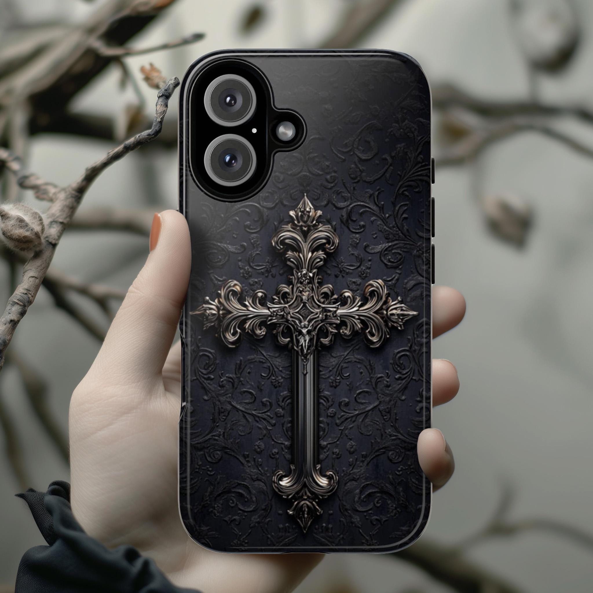 Dark Gothic Christian Cross Phone Case, Dark Academia Aesthetic Cover, Chrome 3D Design for iPhone 16 15 14 13 Magsafe, Samsung S25, 472.3