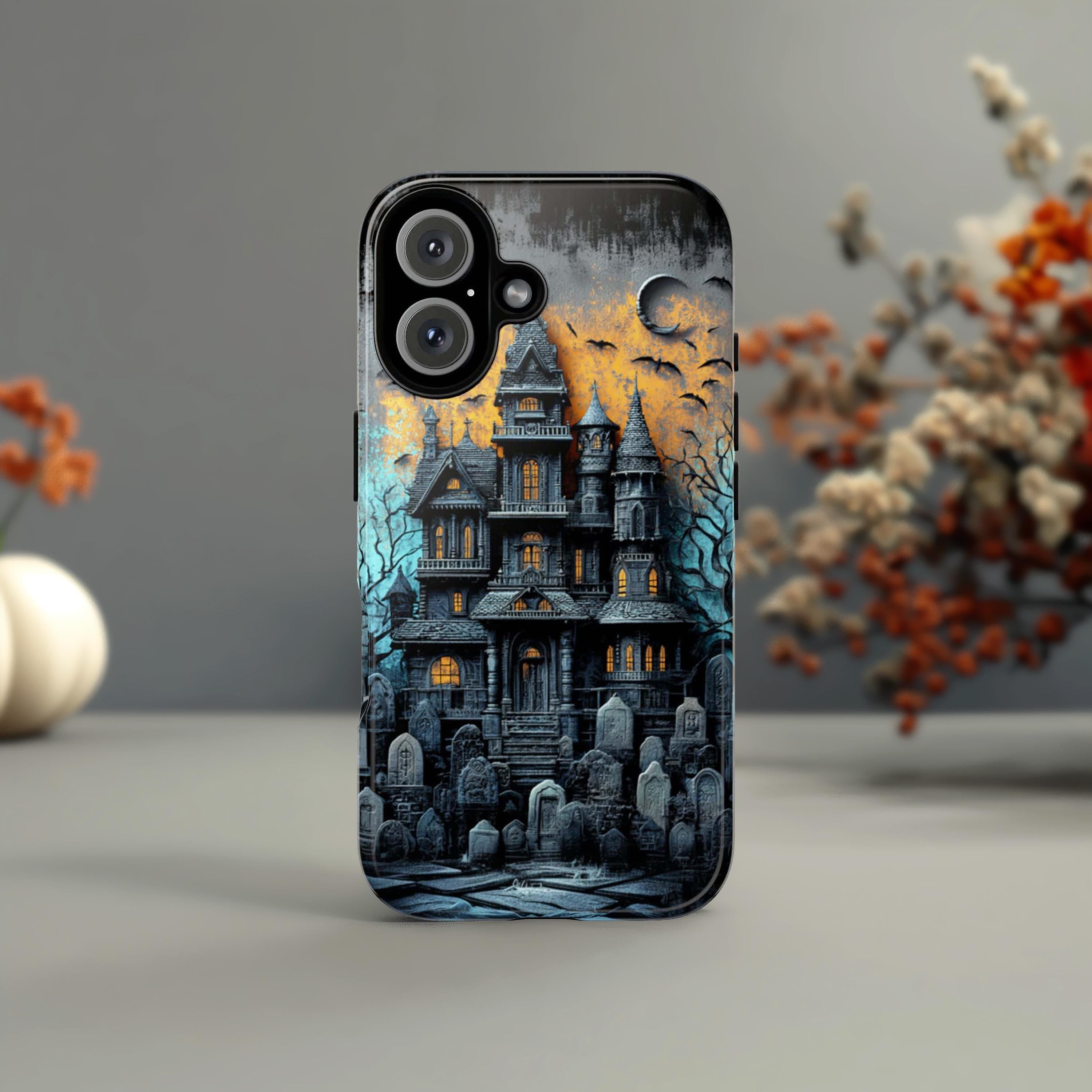 Halloween Haunted House Phone Case, Creepy Gothic Horror Phone Cover, Spooky Lovers for iPhone 16 15 14 13 Tough or Magsafe, Samsung, 475.8