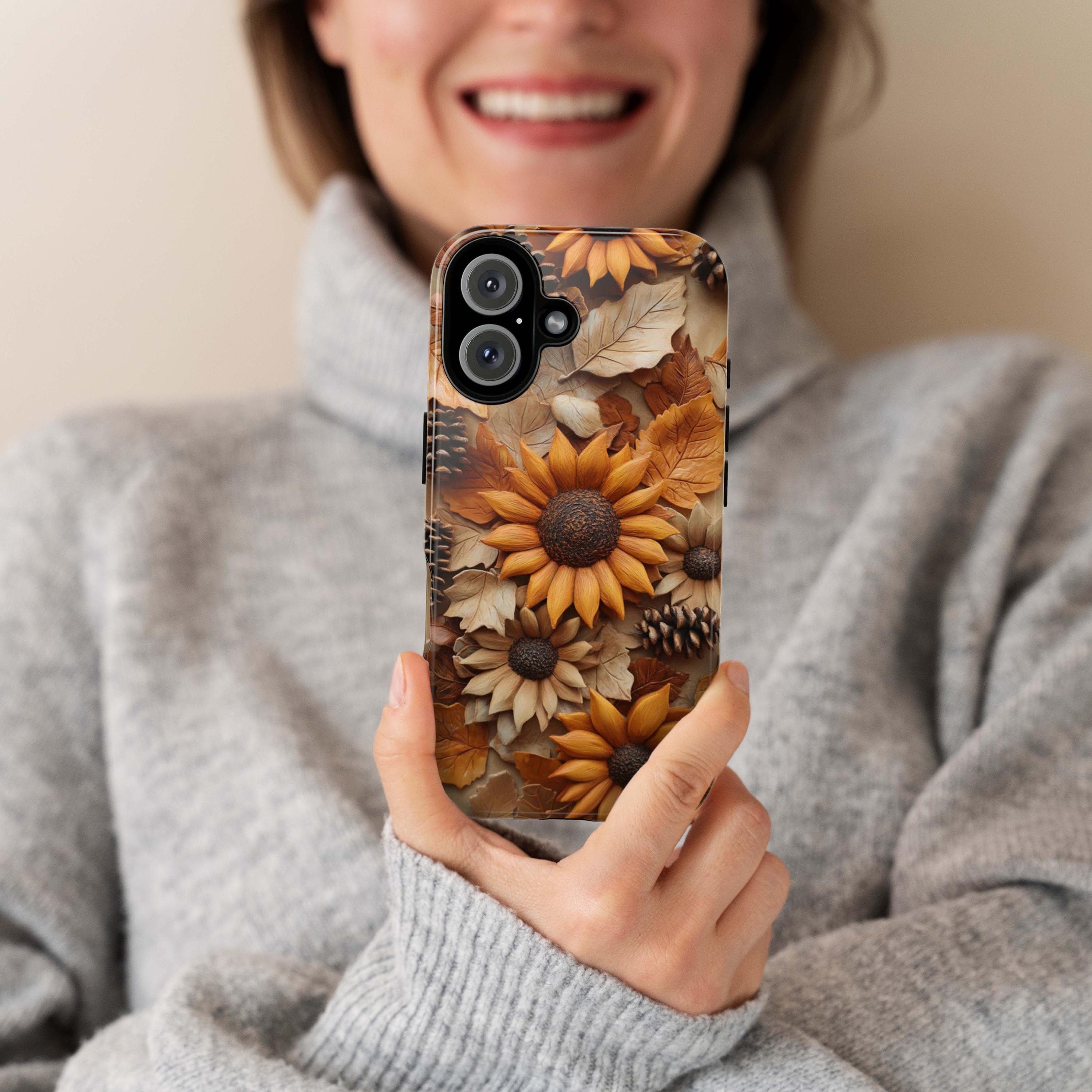 3D Sunflower Art Phone Case, Pastel Artistic Bloom Design for iPhone 16 15 14 13 Pro Max Plus Magsafe, Samsung S24, 439.6