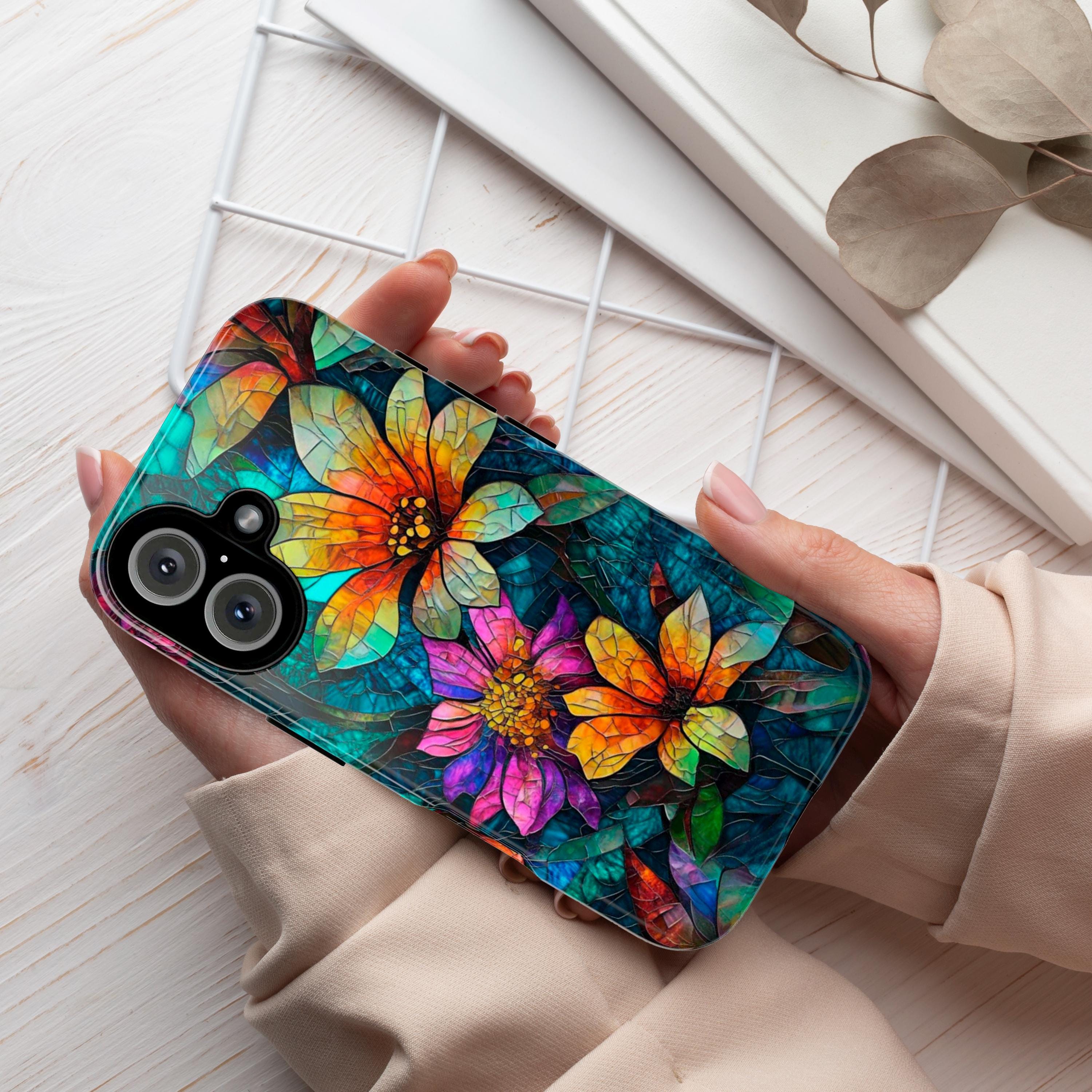 Stained Glass Phone Case with Colorful Flowers, Artistic Protective Cover for iPhone iPhone 16, 15, 14, 13 Magsafe & Samsung, Pixel, 418.23