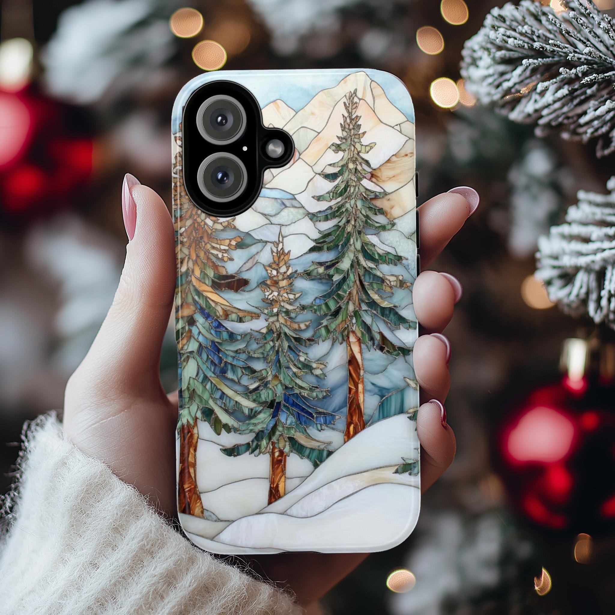 Winter Landscape Pine Trees Stained Glass Effect Phone Case, Xmas Phone Cover for iPhone 16 15 14 13 Pro Max Plus Magsafe, Galaxy S25, 420.2