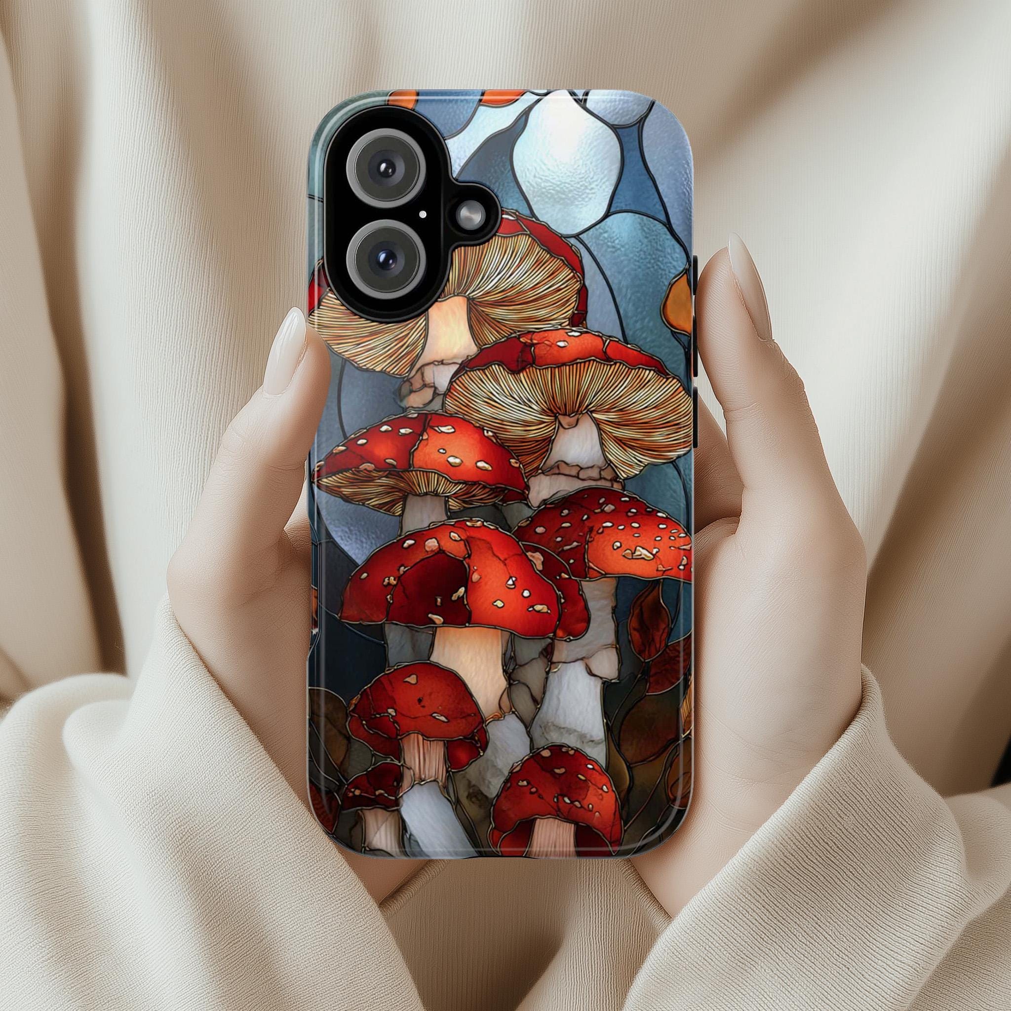 Stained Glass Mushroom Phone Case with Autumn Colors, Fall Forest Design, Artistic Nature-Inspired Phone Cover for iPhone & Samsung, 478.10