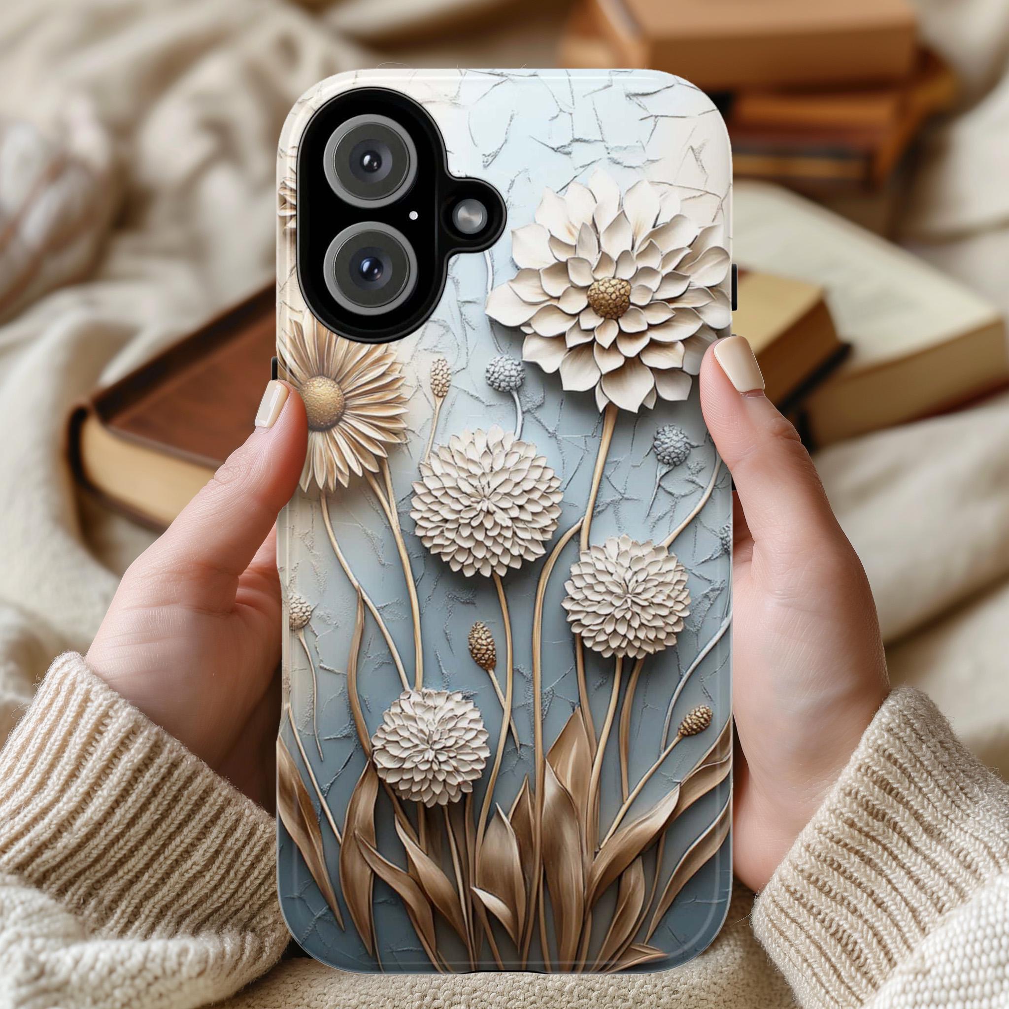 3D Art Pastel Florwers Phone Case, Delicate Floral Dandelion Design Phone Cover for iPhone 16 15 14 13 Magsafe, Samsung S25, 439.35