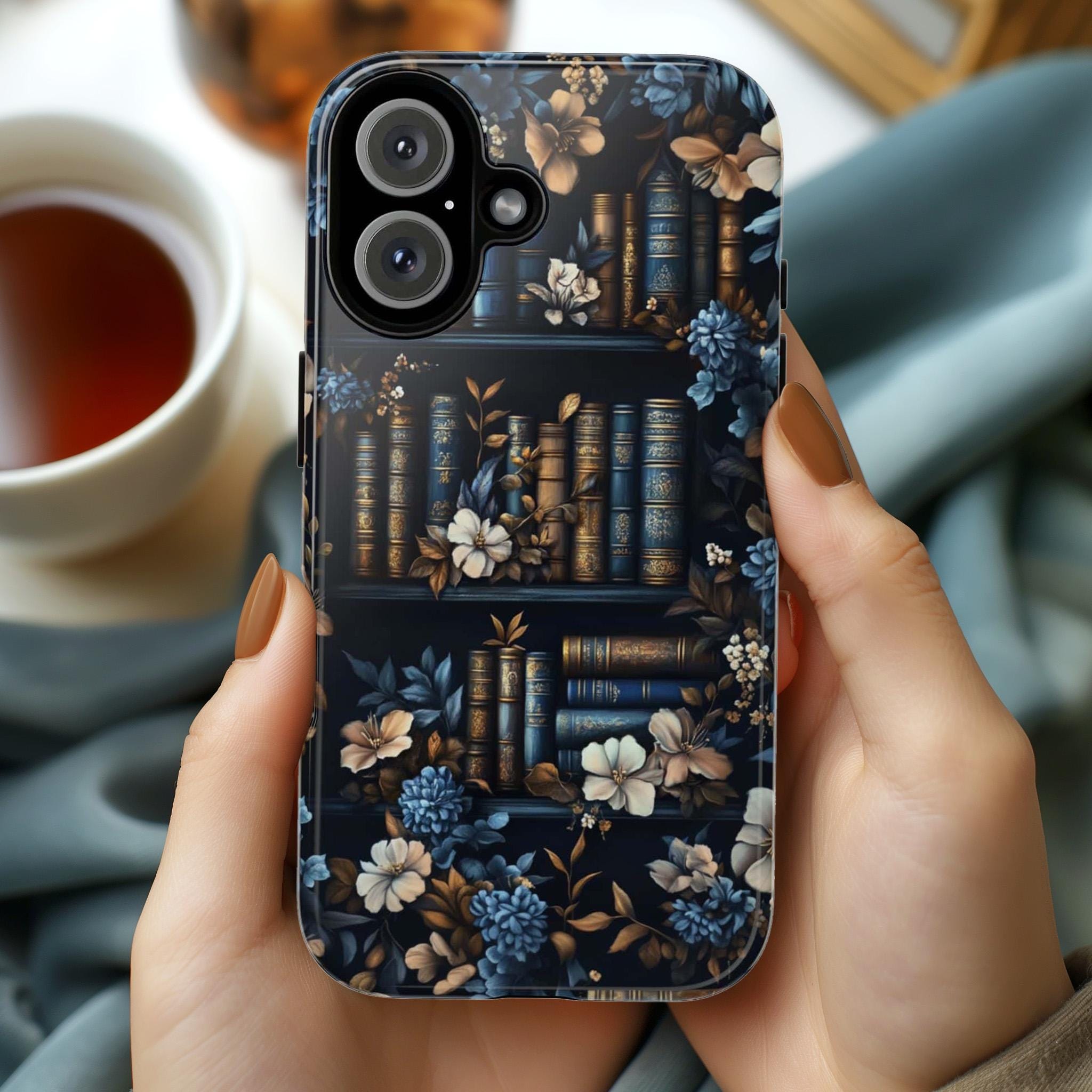 Vintage Library Floral Phone Case, Book and Blue Flowers Design, Bookworm Phone Case for iPhone 16 15 14 13 Magsafe, Samsung S25, 423.23
