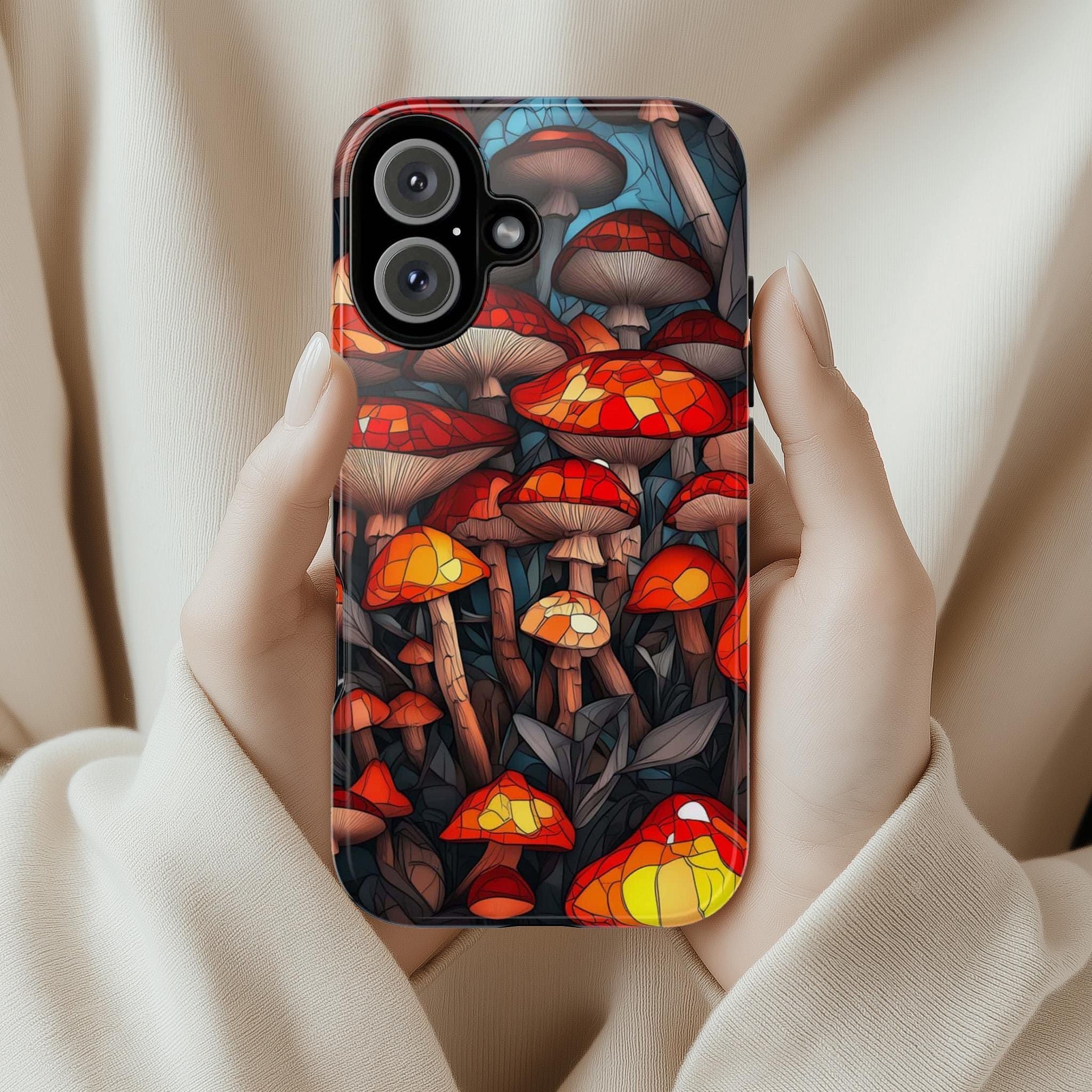 Stained Glass Autumn Mushrooms in the Forest Phone Case, Fall Vibrant Colorful Mosaic Art Cover for iPhone 16 15 14, Samsung Galaxy, Pixel