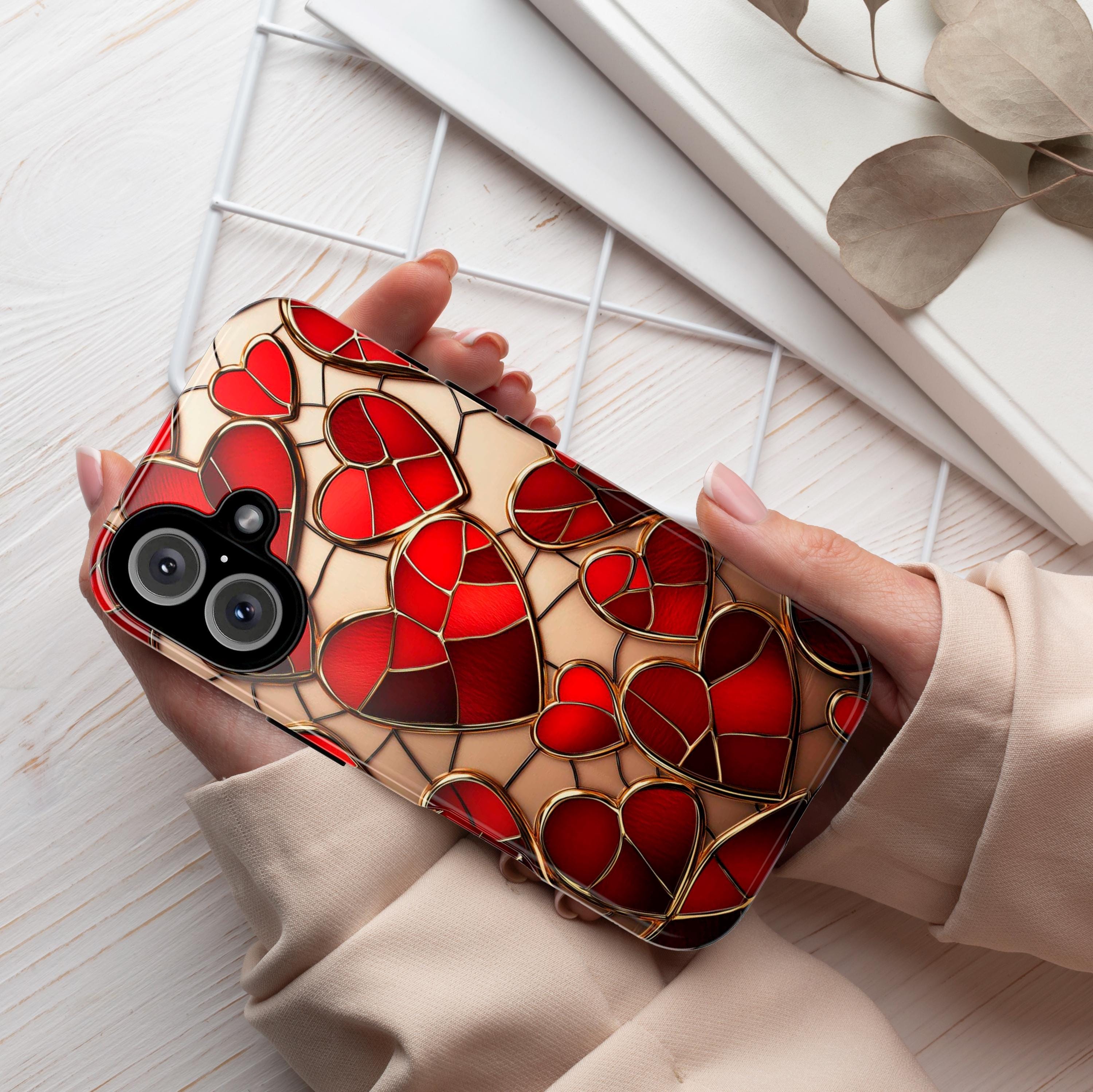 Stained Glass Red Hearts Phone Case - Romantic 3D Design, Perfect for Valentines Day Gift, Artistic Case for iPhone Magsafe, Samsung, 462.1