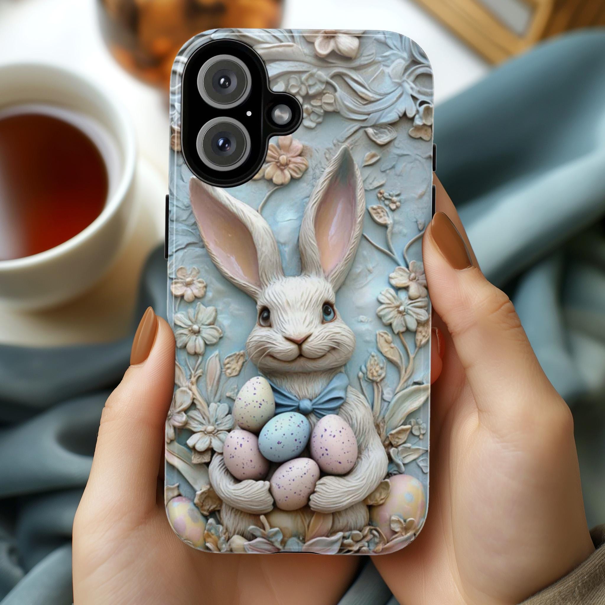 Easter Bunny & Egges 3D Style Phone Case, Spring Design Cute Pastel Rabbit Case for iPhone 16 15 14 13 Tough or Magsafe, Samsung, 464.5