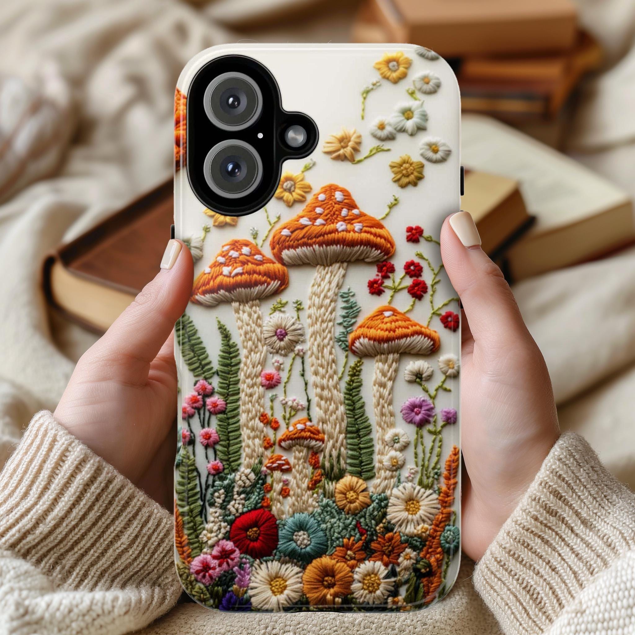 3D Embroidered Style Mushroom & Floral Phone Case, Forest Lover Gift, Woodland Case for iPhone 16 15 14 13 Magsafe, Samsung S25, 452.10