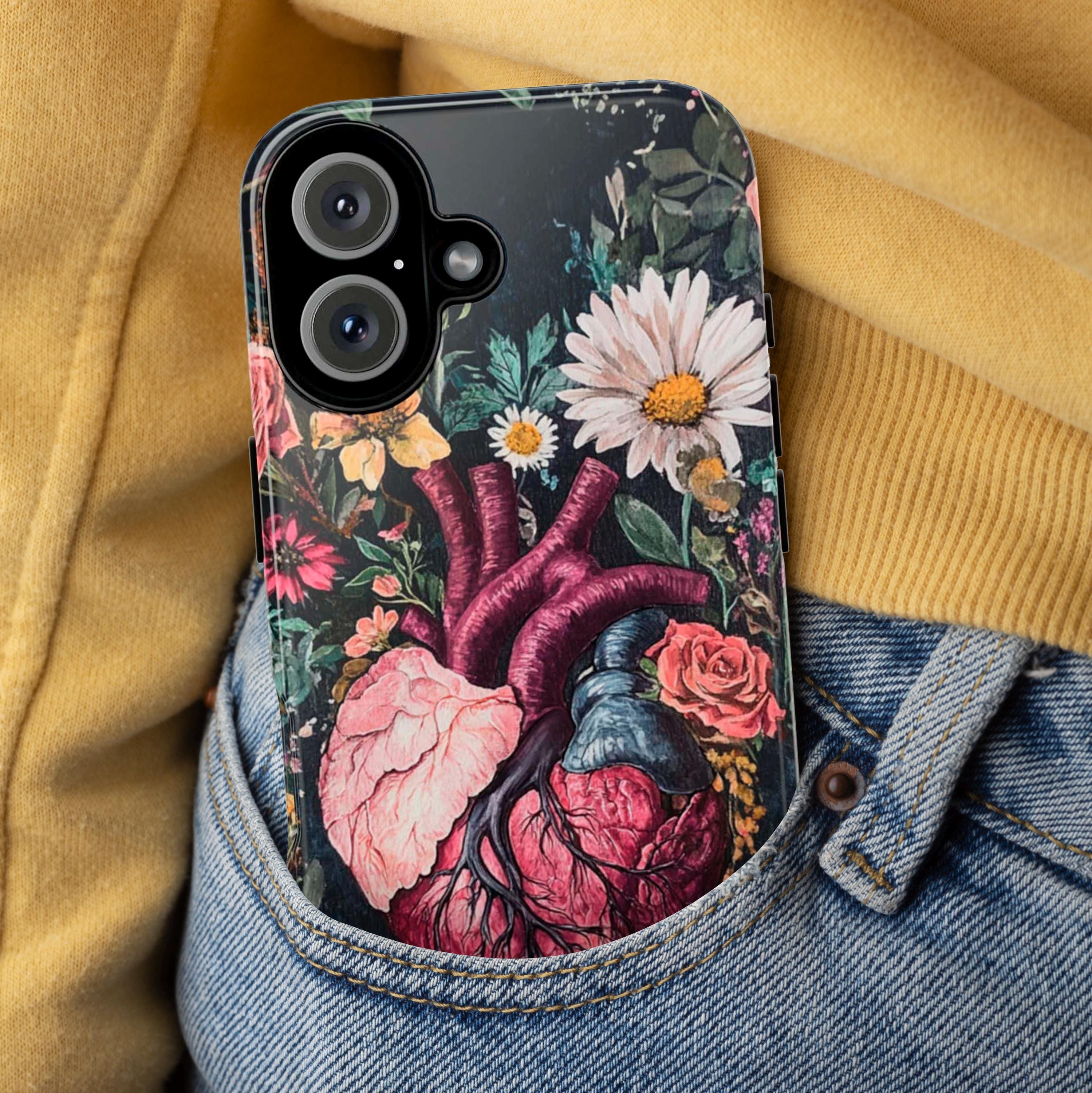 Watercolor Floral Anatomy Heart Phone Case, Anatomical Art Design, Floral Human Heart Phone Cover for iPhone 16 15 Pro, Samsung S24, 435.10