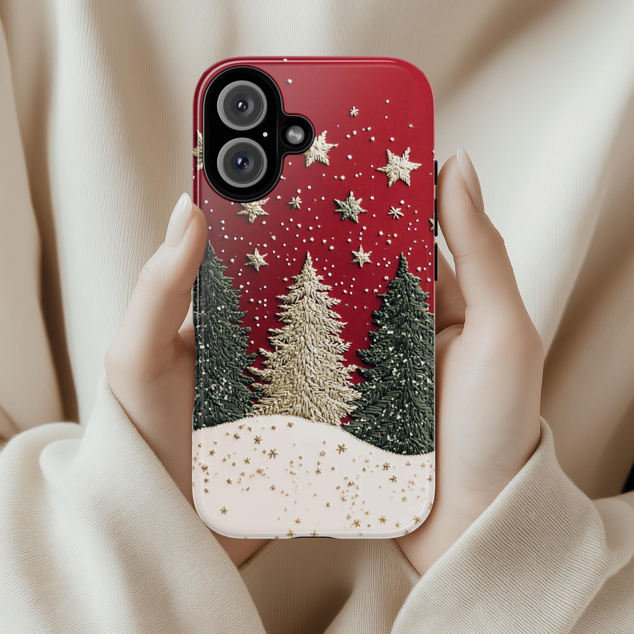 Christmas Tree & Star 3D Winter Phone Case, Embroidered Festive Holiday Phone Cover for iPhone 16 15 14 13 Magsafe Plus, Samsung S24, 444.1