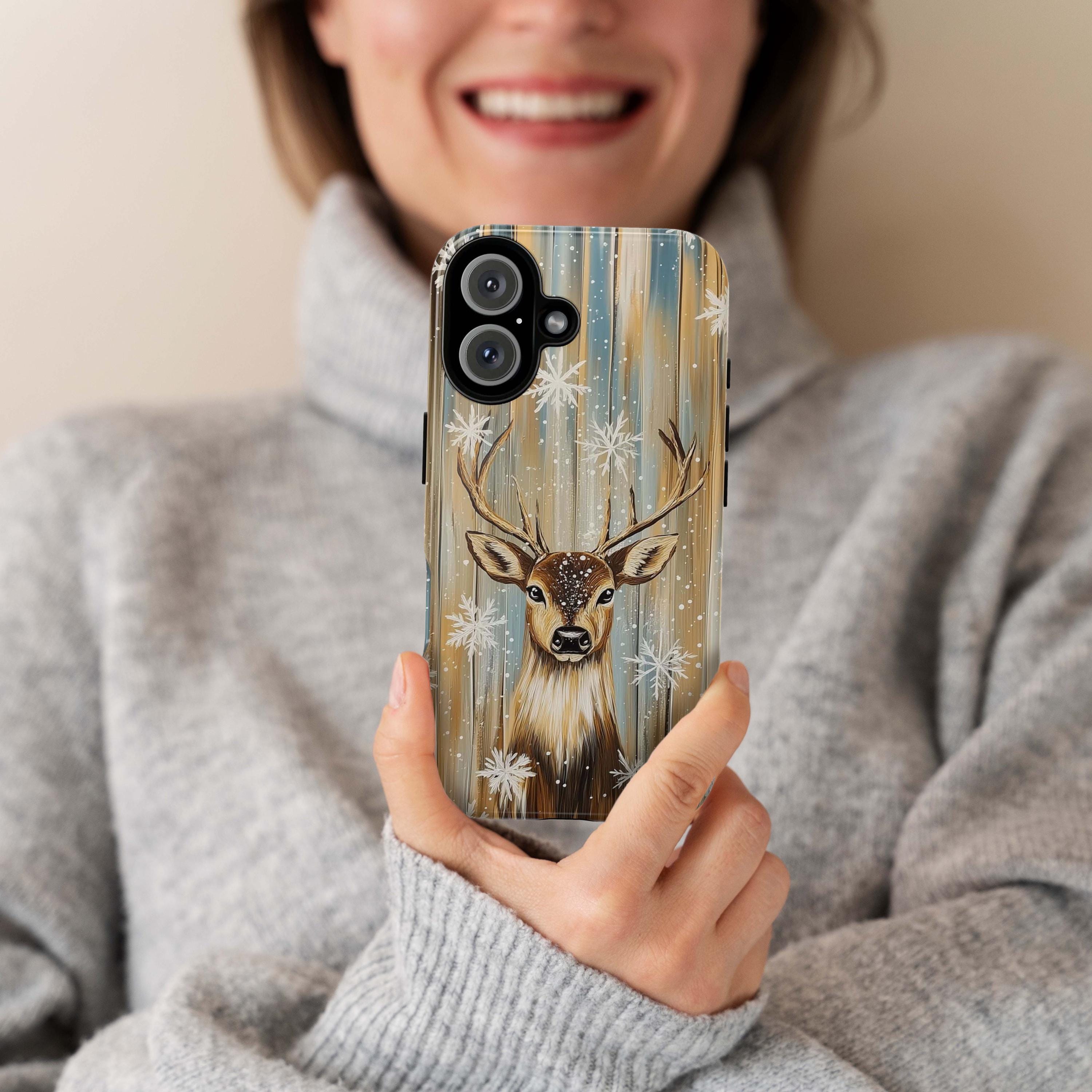 Christmas Reindeer Phone Case | Snowy Golden White Holiday Design, Xmas Cover for iPhone 17 16 15 Tough or Magsafe, Samsung, 440.7