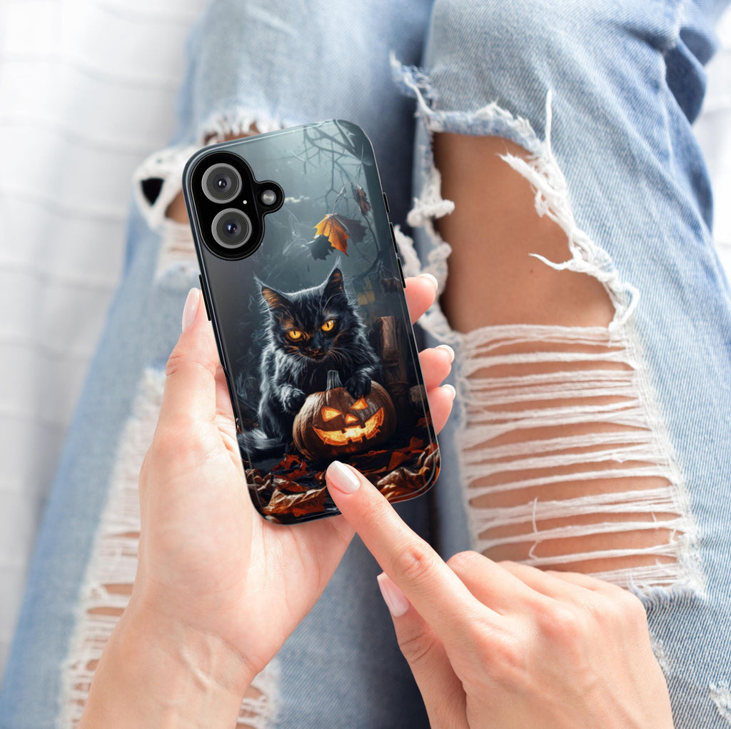 Black Cat and Pumpkin in Dark Night Phone Case, Halloween Lover Gift for iPhone 16 Pro Max 15 14 13 Plus, Samsung S25 ultra, 425.1