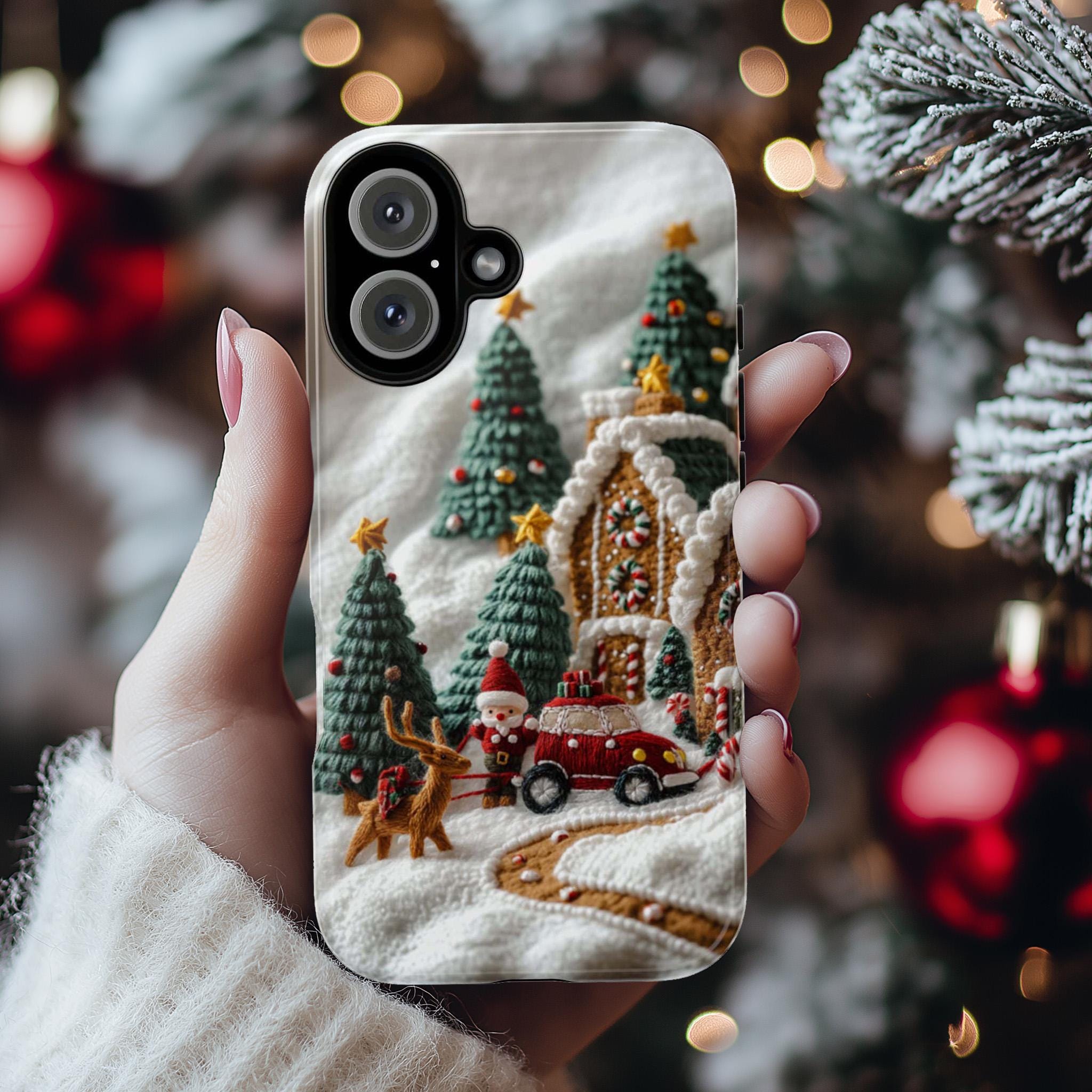 Winter Scene Embroidery MagSafe Phone Case, Cozy Winter Forest with Gingerbread House Phone 15 14 13 12 Pro Max Plus / Samsung S24, 444.11