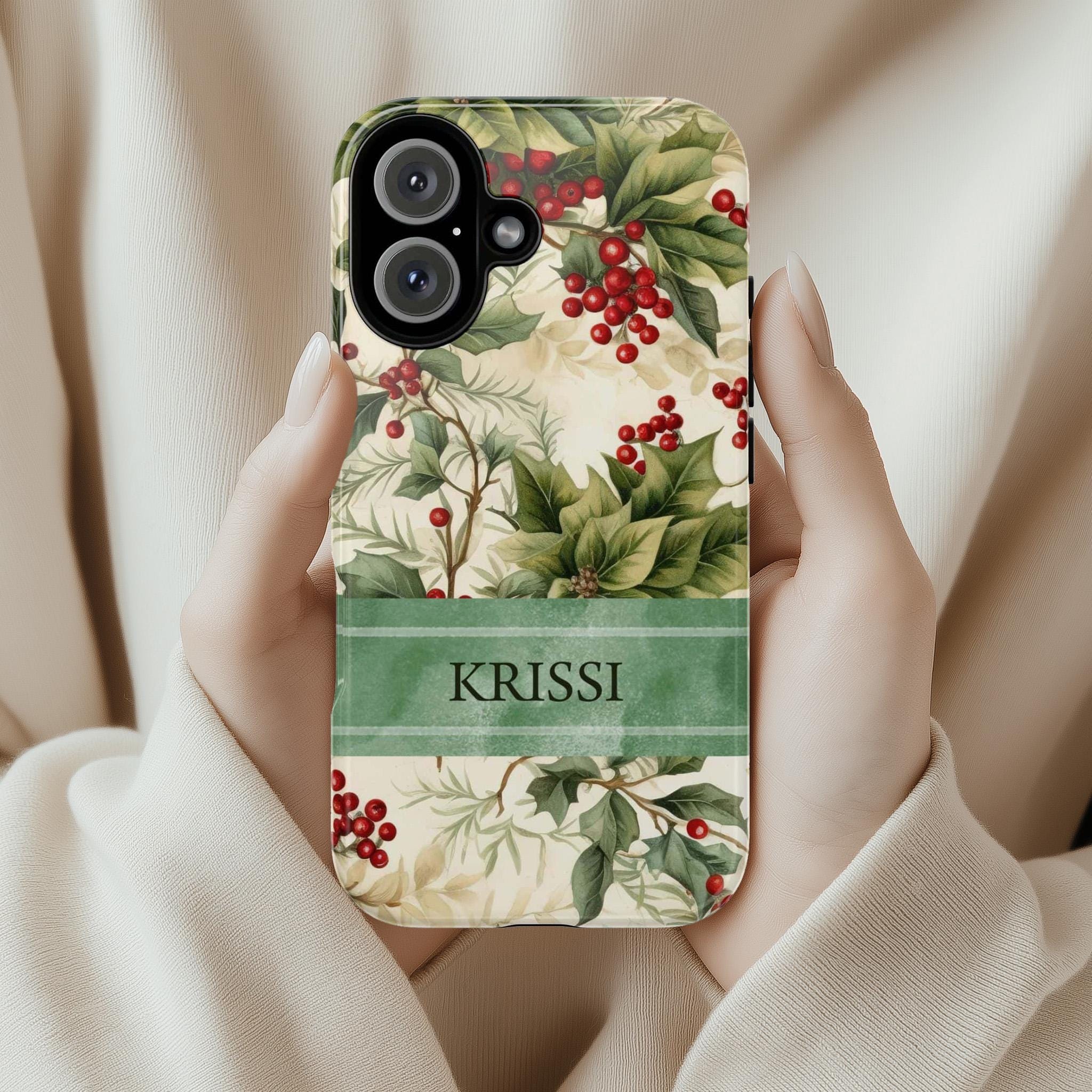 Personalized Xmas Phone Case Holiday Holly Phone Case, Custom Winter Phone Cover for iPhone 16 15 14 13  Pro Max Plus/Samsung S25, 107.2