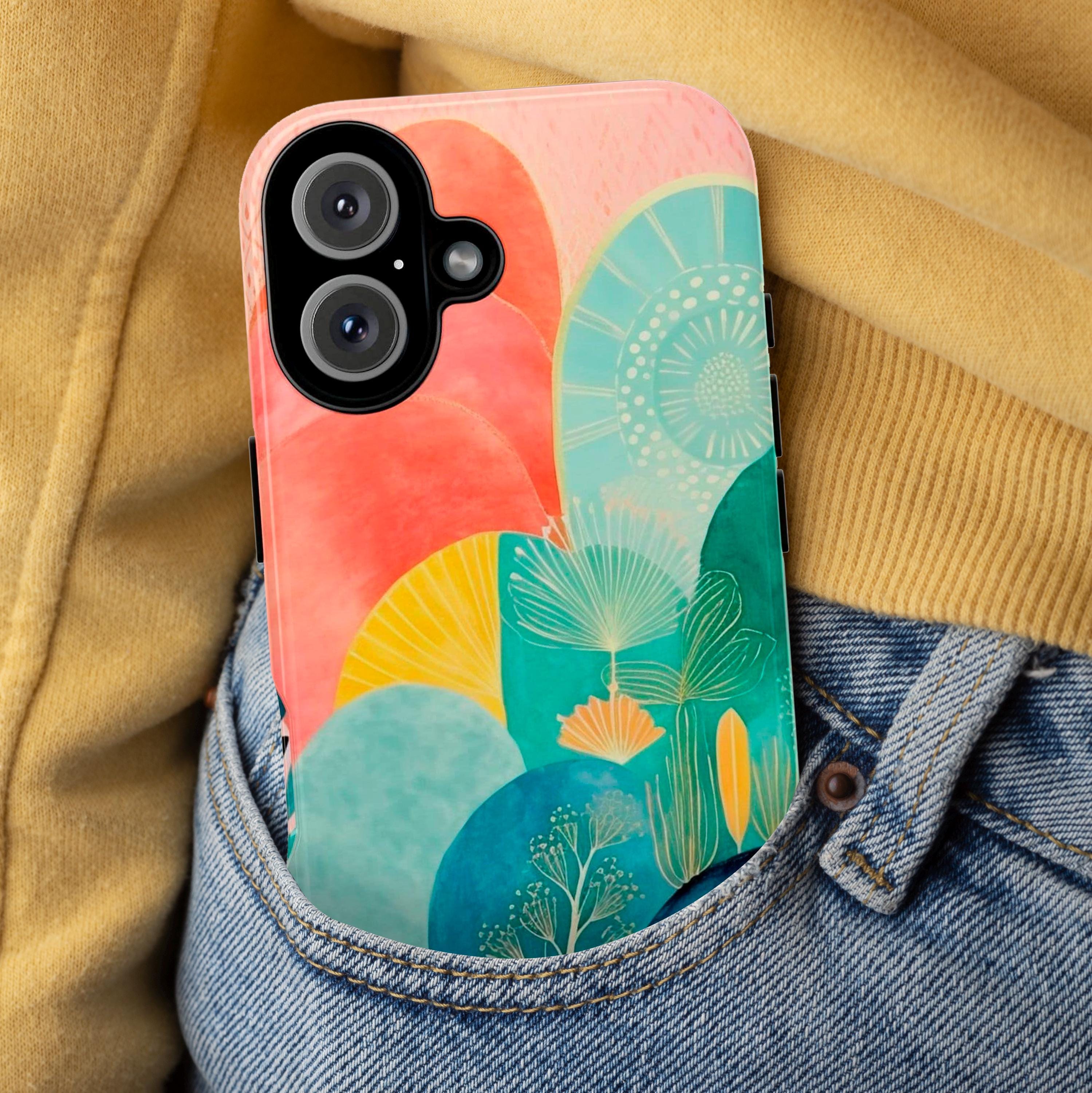 Boho Abstract Landscape Phone Case, Aesthetic Watercolor Phone, Painting Art Cover for iPhone 15 14 13 12 11 Pro Max Plus / Galaxy S25, 135