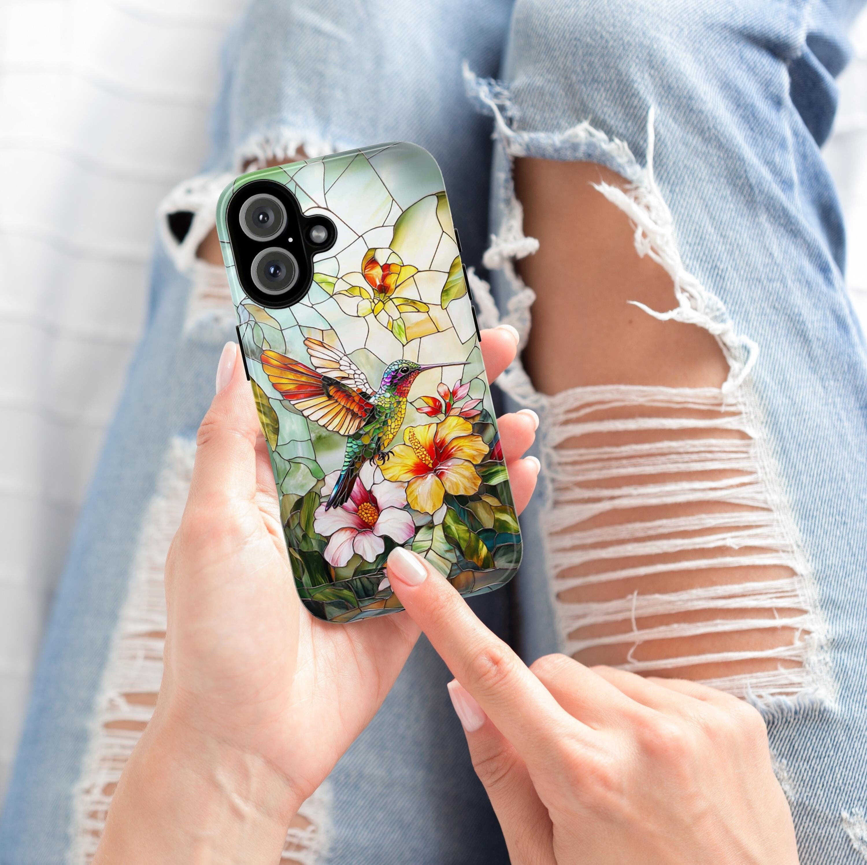 Stained Glass Hummingbird Phone Case | Colorful Bird & Tropical Floral Design for iPhone 16 Pro Max 15 14 Plus Mag Safe, Samsung S25, 419.3