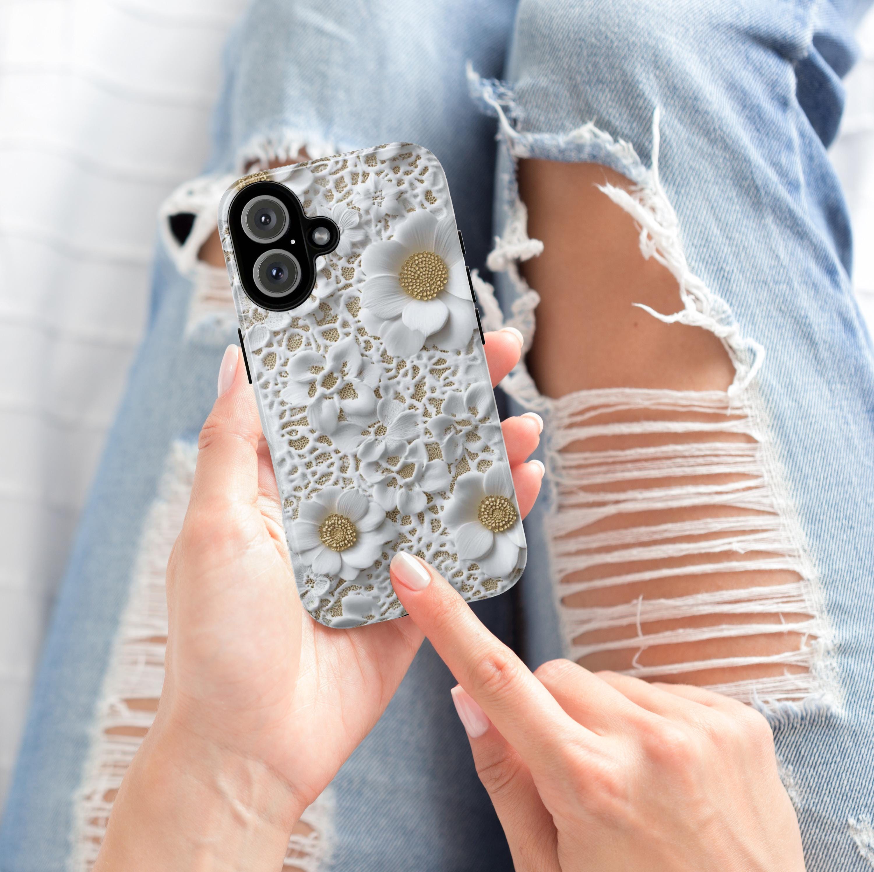 Elegant White Lace Floral Phone Case, Wedding Gift for Bride Cover, Bridal Accessory for iPhone 17 16 15 Tough or Magsafe, Samsung, 439.79