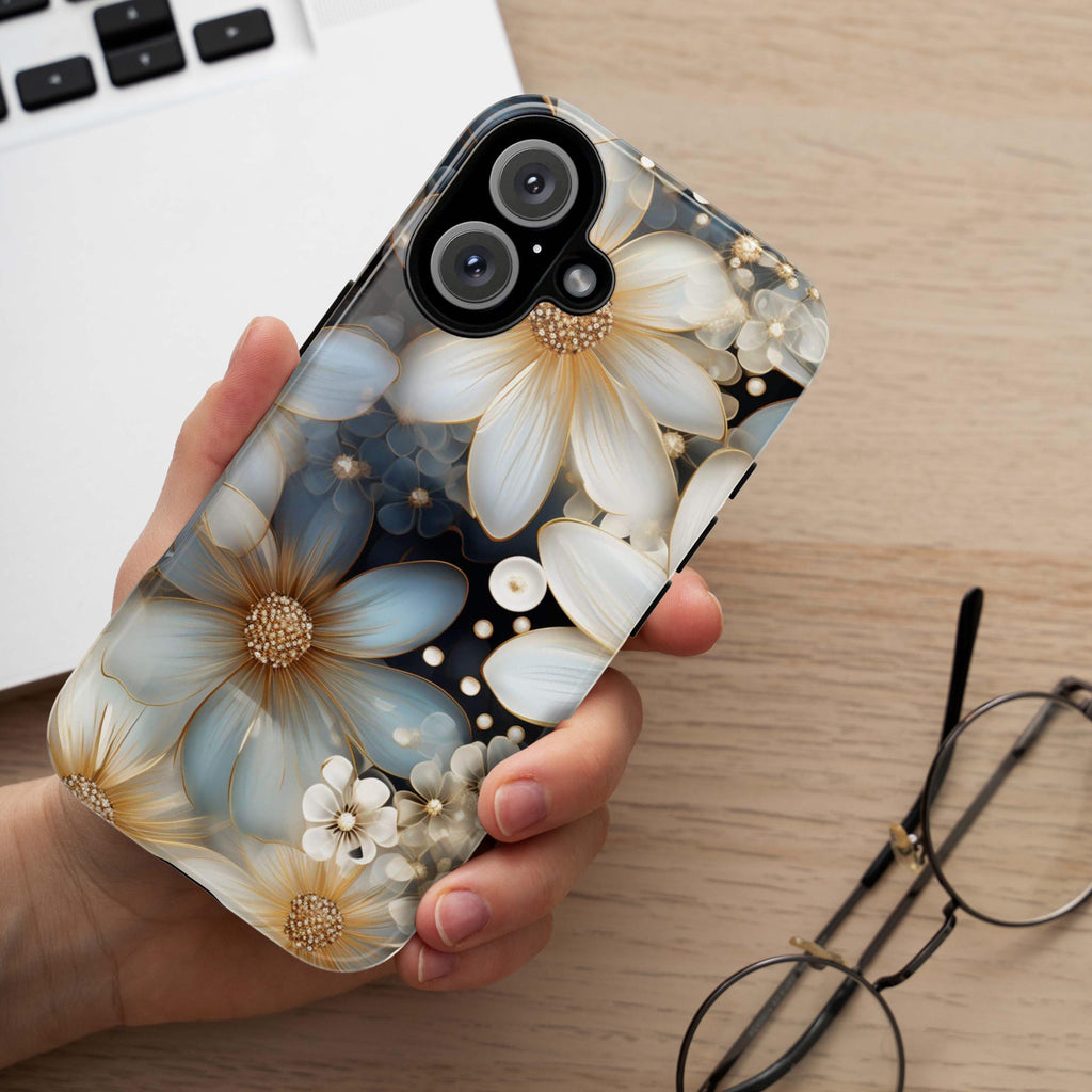 Daisy Flowers Stained Glass Phone Case, Gold & White Floral, Aesthetic Art Floral Cover for iPhone 16 Magsafe, Galaxy S25 Pixel 9, 333.1