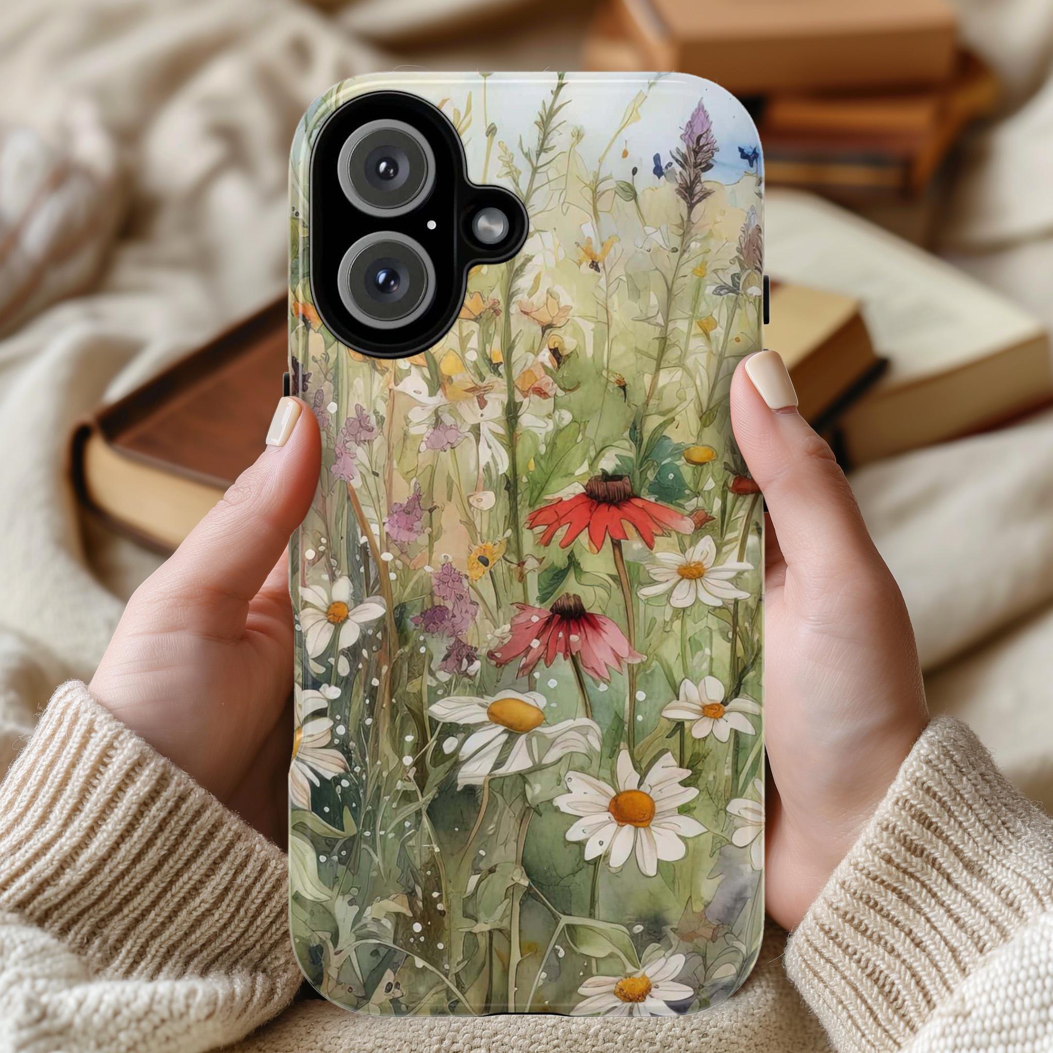 Floral Painting Phone Case, Watercolor Cottage Design, Meadow Floral Cover for iPhone 16 15 Magsafe, Samsung Galaxy S25, Pixel 9, 21.1