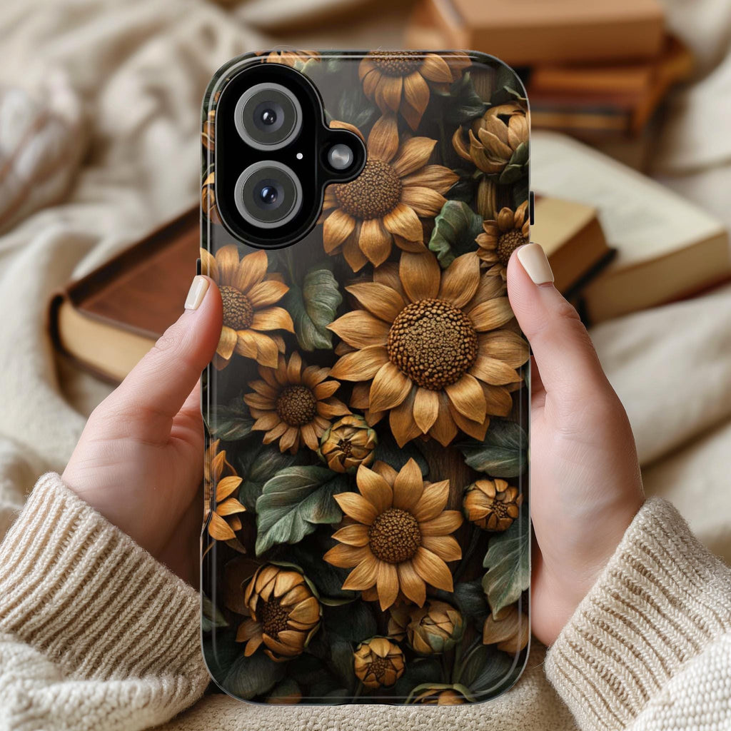 3D Sunflowers Wood Carved Flowers Phone Case, Floral Artistic Protective Cover for iPhone 16, 15, 14, 13 Magsafe & Samsung, Pixel, 439.38