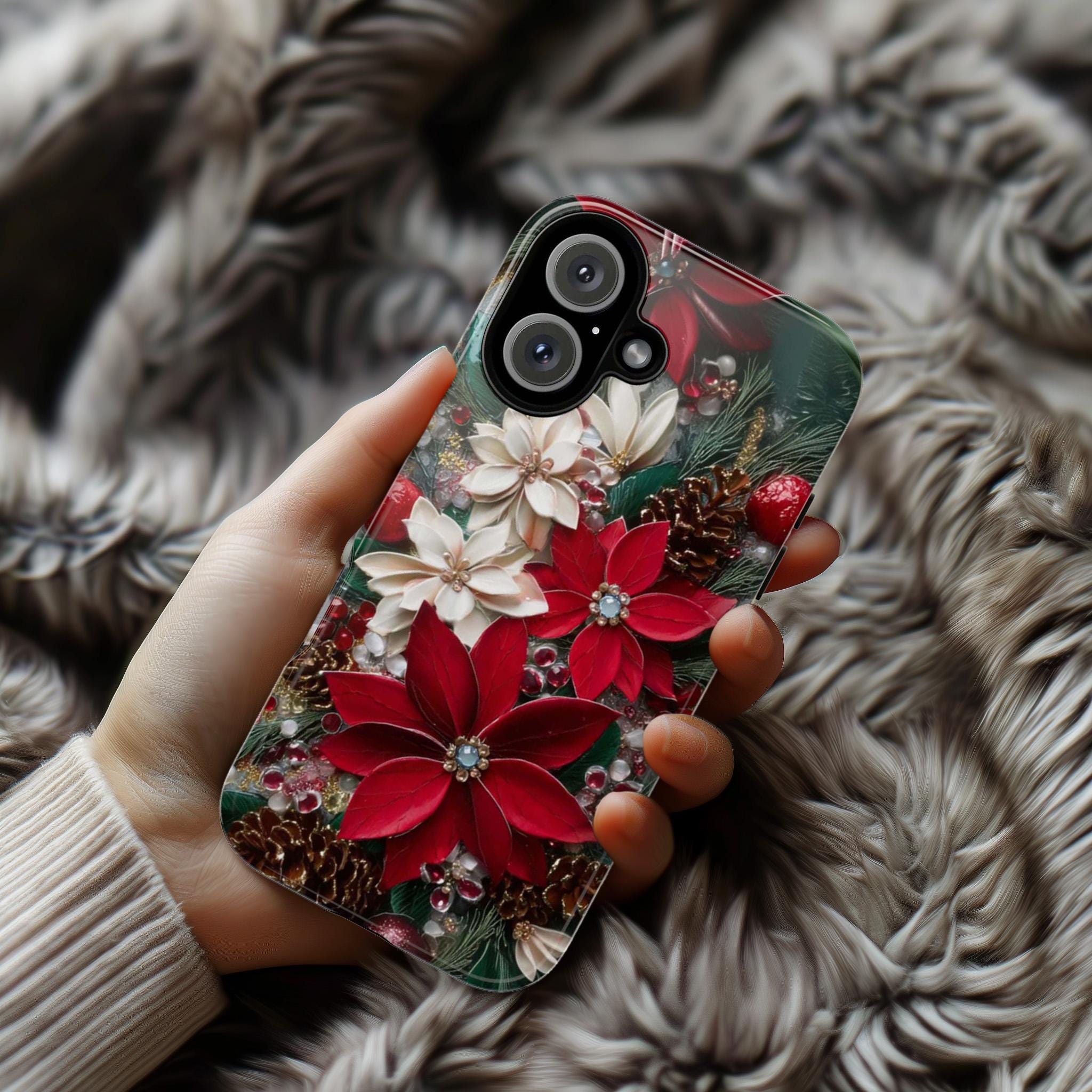 Christmas Poinsettia Phone Case, Festive Holiday Floral Cover for Tough Case or MagSafe for iPhone 17 16, Samsung, 481.8