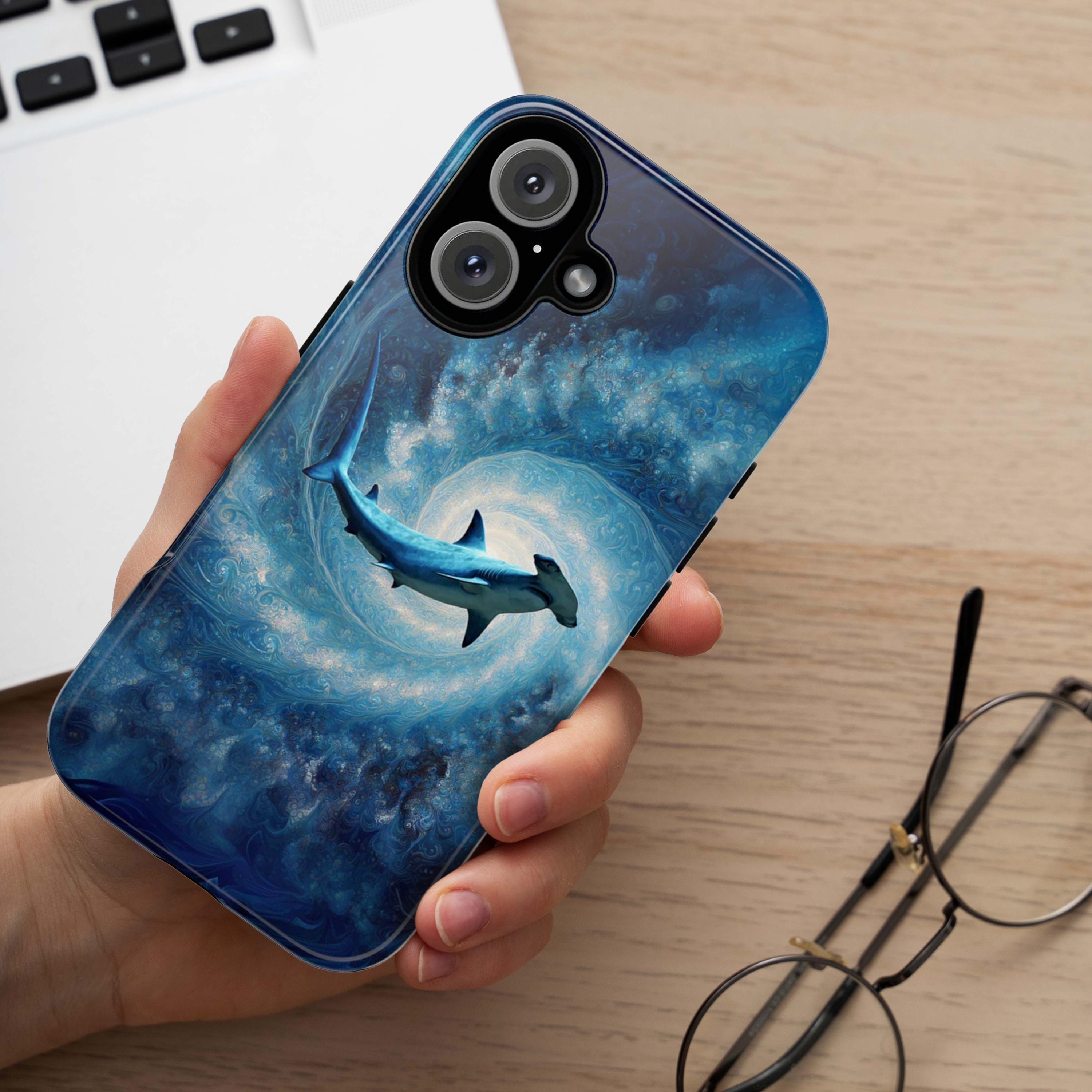 Ocean Inspired Phone Case with Shark Design, Blue Aesthetic Protective Cover, Unique Marine Life Gift for iPhone and Android Models, 466.11