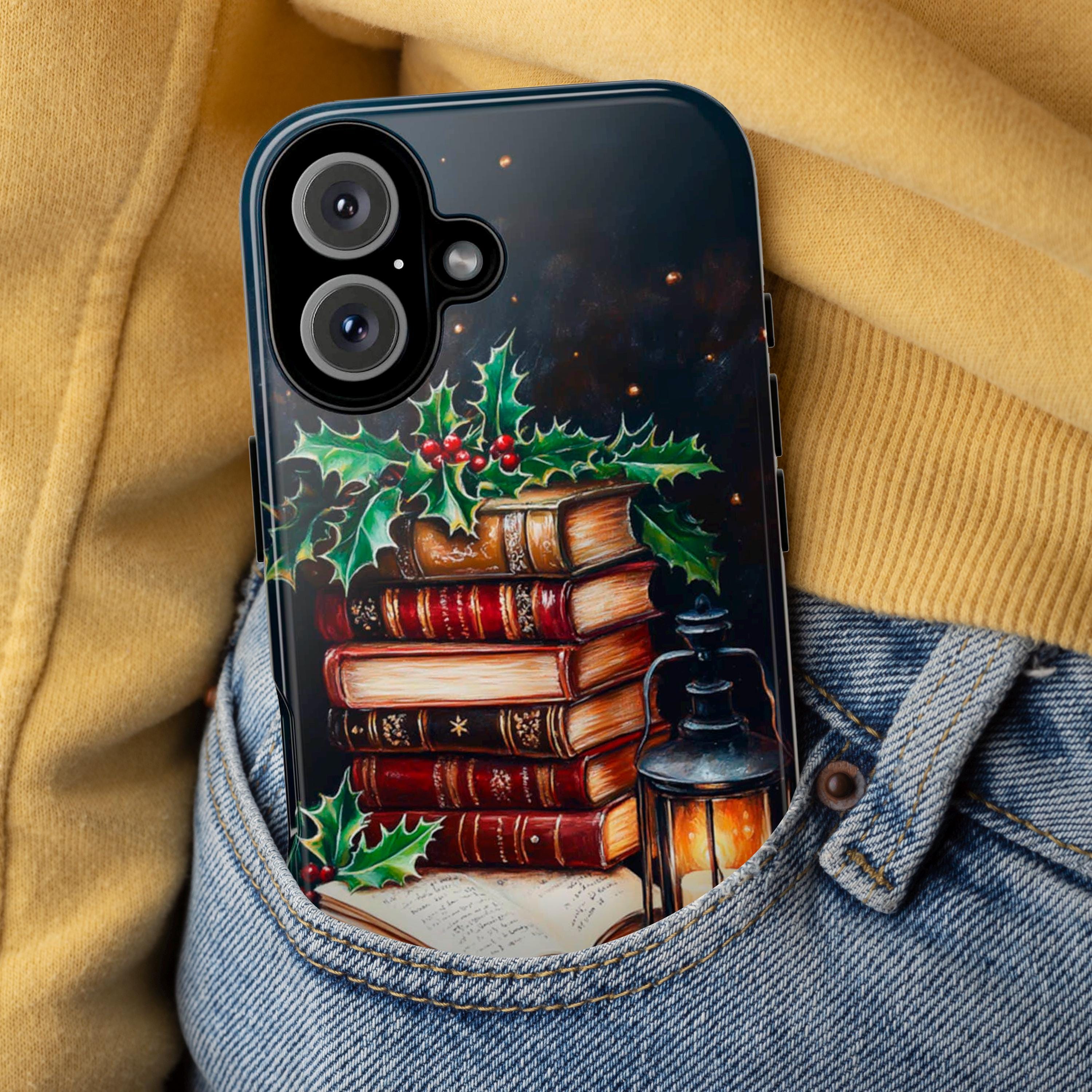 Xmas Gothic Dark Academia Bookcase Phone Case, Vintage Books Oil Painting effect Case for iPhone 16 Pro Max 15 14 Plus, Samsung S24 Ultra