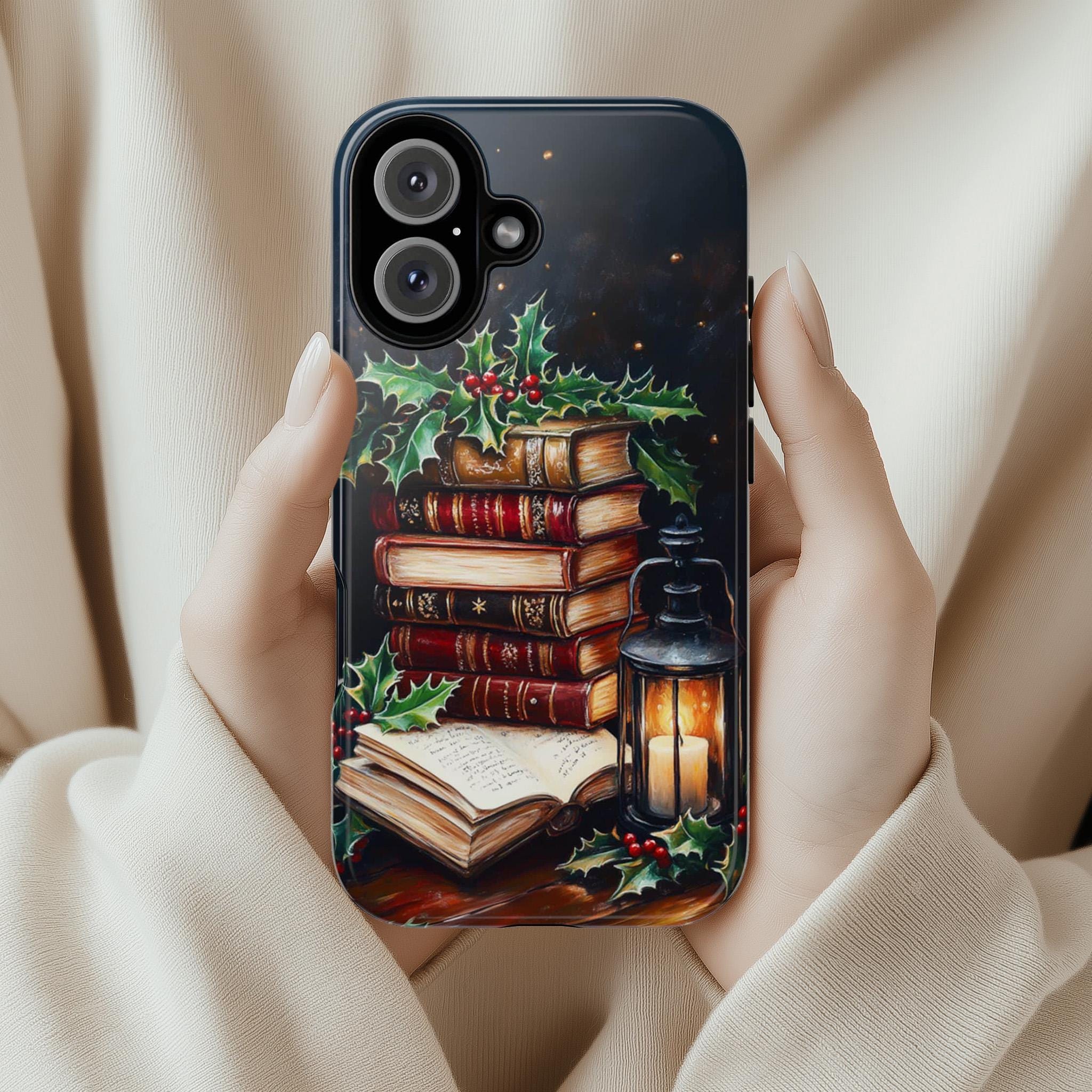 Xmas Gothic Dark Academia Bookcase Phone Case, Vintage Books Oil Painting effect Case for iPhone 16 Pro Max 15 14 Plus, Samsung S24 Ultra