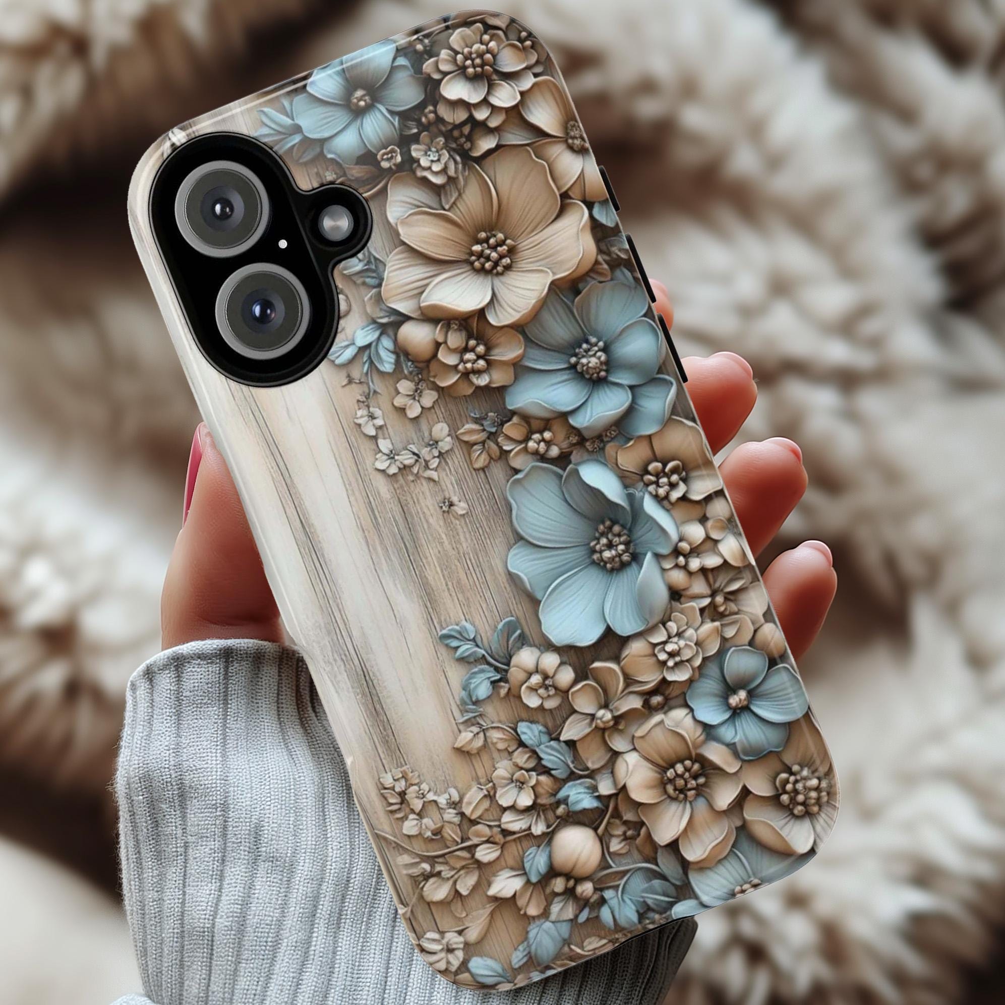 3D Pastel Flowers Art Wood-Carved Phone Case, Elegant Floral Design Phone Cover for iPhone 16 15 Pro Max Plus, Samsung S24, 439.41