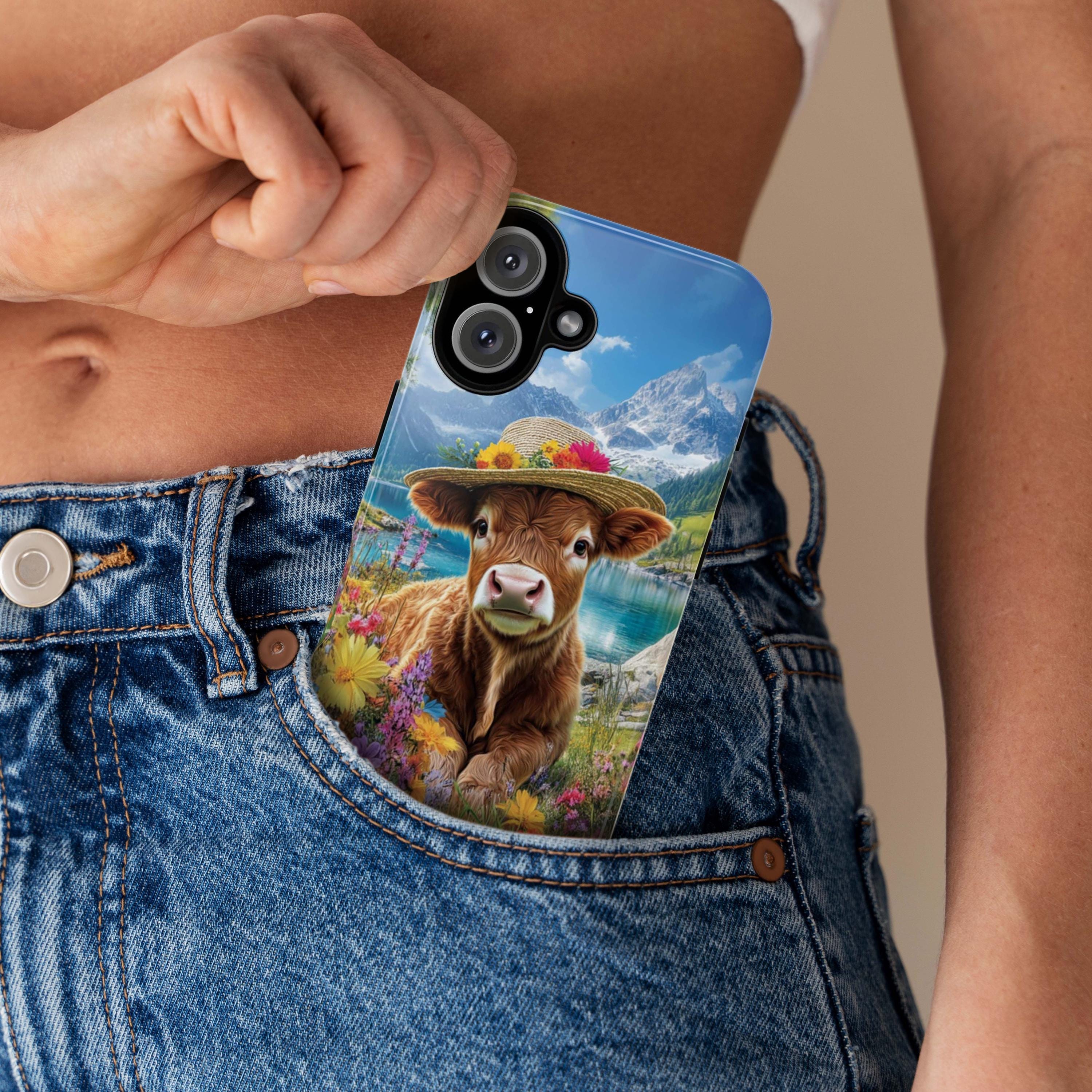 Cute Highland Cow Phone Case, Spring Meadow Floral Design with Mountain & Lake View Phone Cover for iPhone Tough or Magsafe, Samsung, 473.4