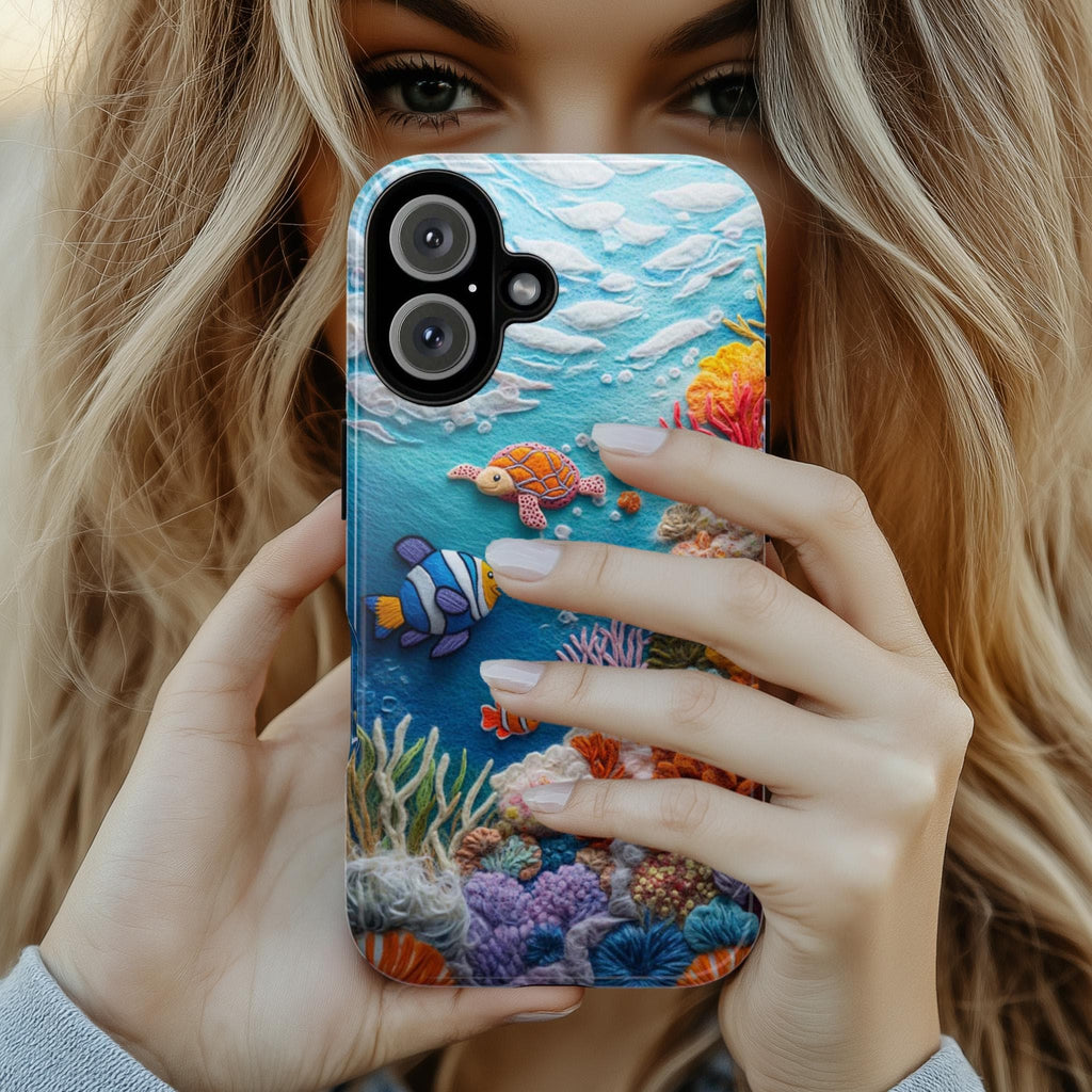 3D Felt Turtle Clownfish Coral Reef Ocean Phone Case, Marine Life Lovers Phone Case for iPhone 16 15 14 13 Magsafe, Samsung S25, 452.7