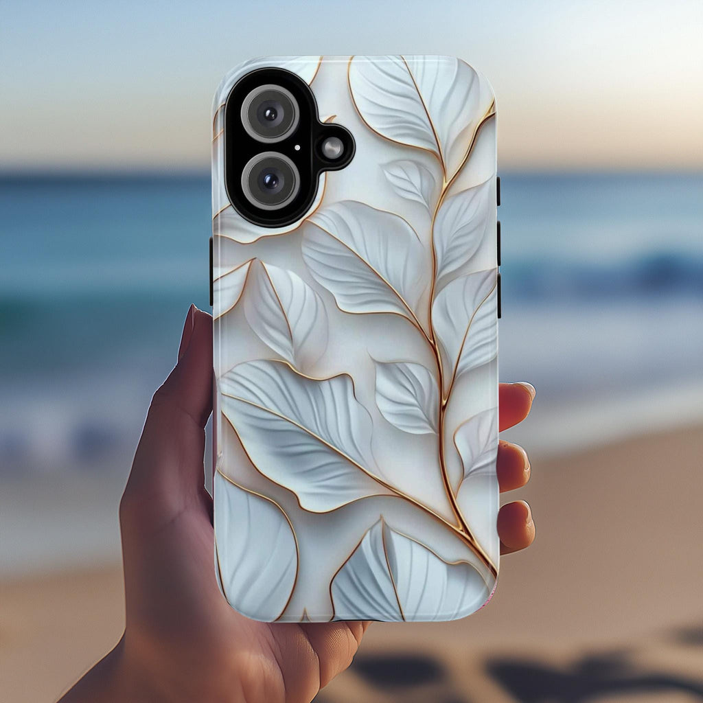 White and Gold Leaves Phone Case, Plant Lover Gift, 3D White Leaf Elegant Case for iPhone 16 15 14 13 Magsafe Pro Max, Samsung S25, 418.28