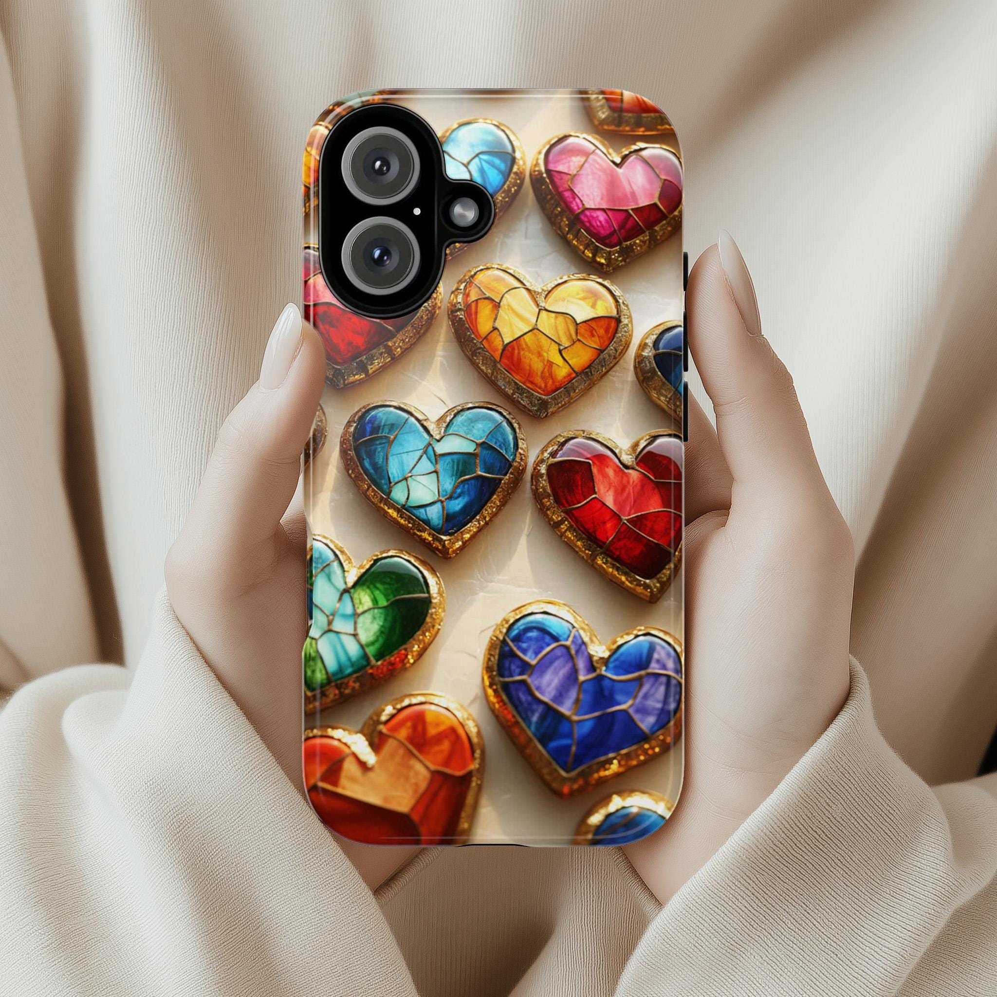 Stained Glass Colorful Hearts Phone Case, 3D Design, Perfect for Valentines Day Gift, Artistic Case for iPhone Magsafe, Samsung, 462.3