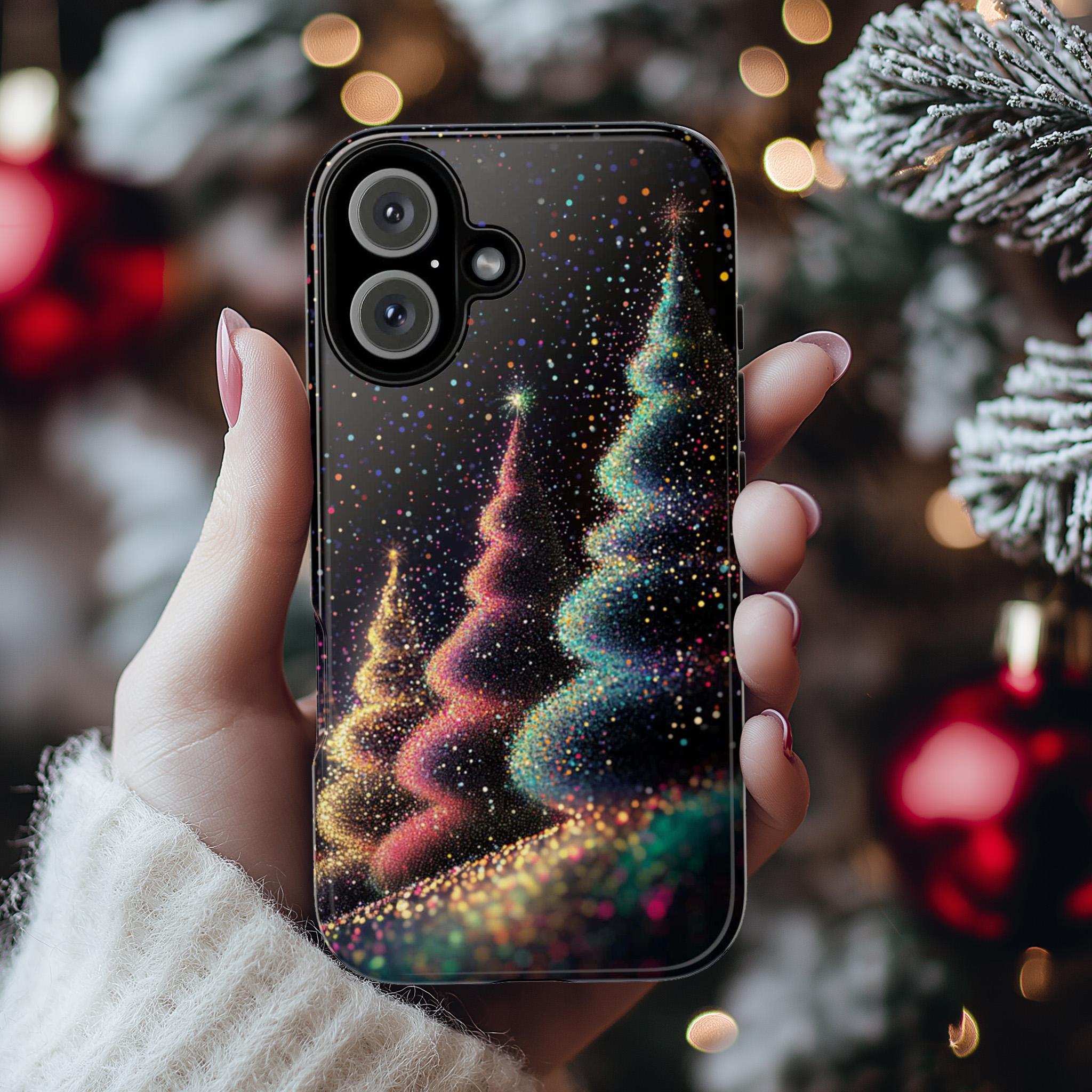 Cozy Christmas Tree Holiday Phone Case, Elegant Xmas Glitter in the Night Case for iPhone 16 Pro Max 15 Plus, Samsung S25, Mag Safe, 431.3