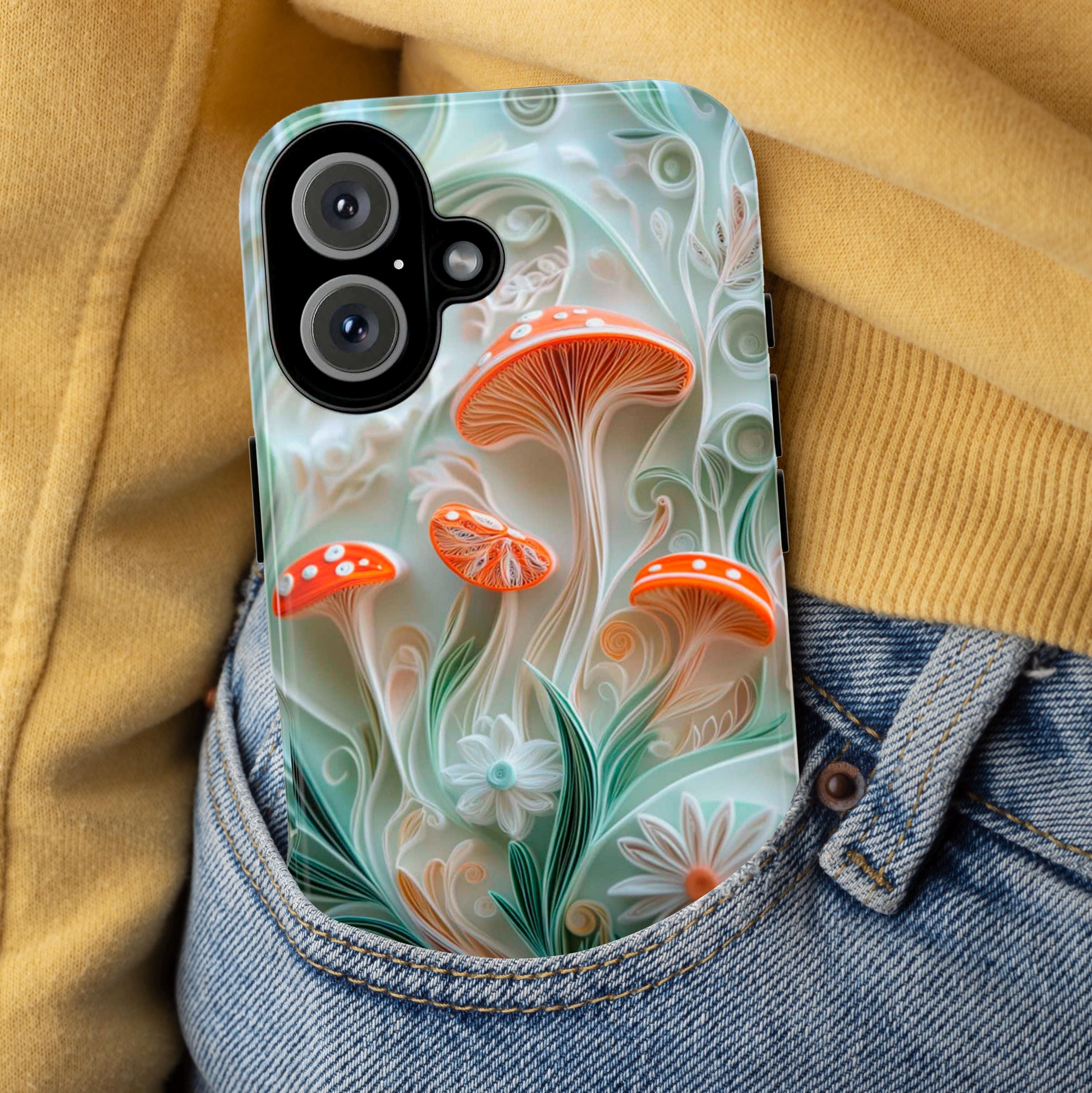 Magical Forest Mushroom Phone Case with Paper Art Design, Woodland & Nature Lovers for iPhone 16 15 14 13 Tough or Magsafe, Samsung, 470.14