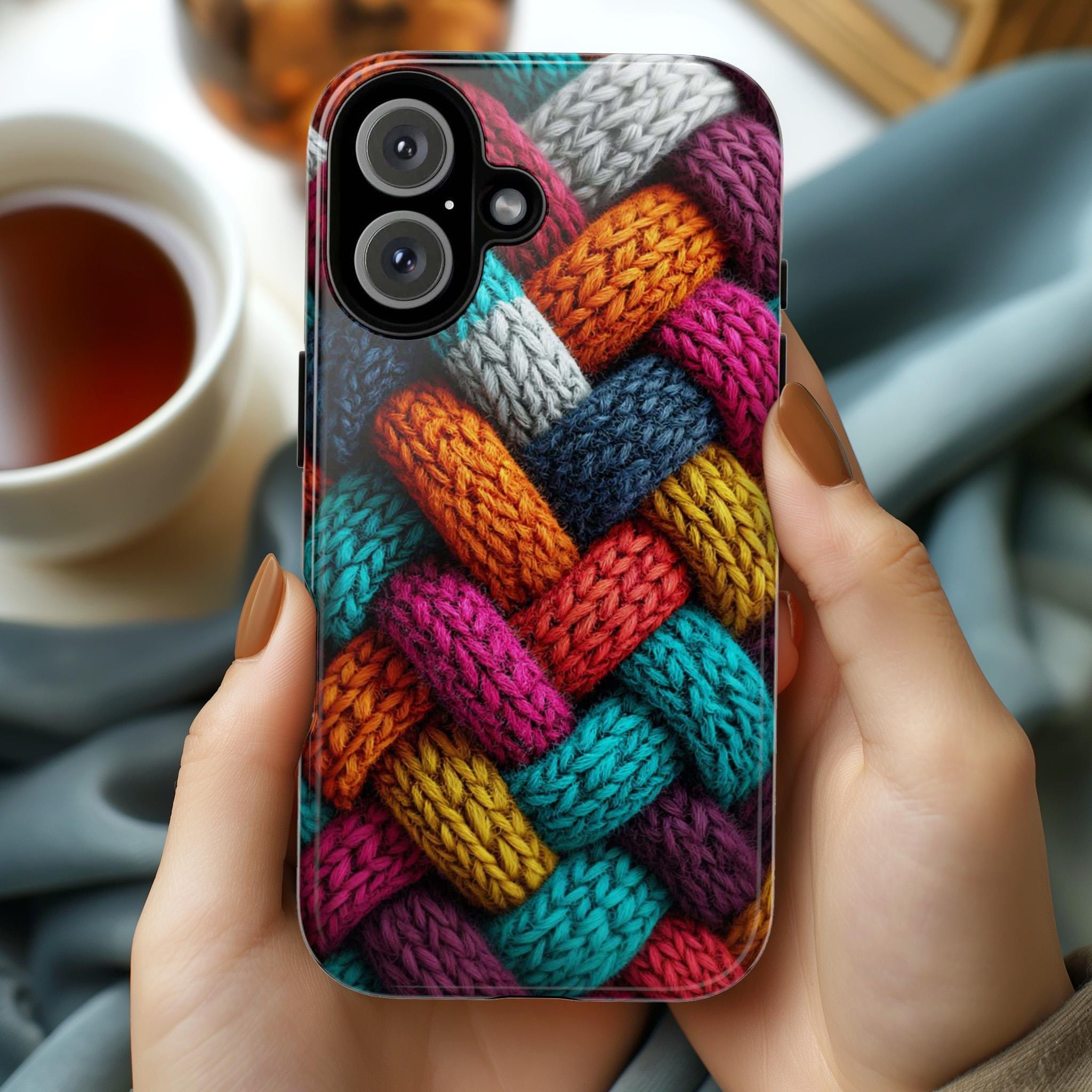 Colorful Cozy 3D Knitted Phone Case for Fall | Vibrant Autumn Knit Pattern Effect Cover for iPhone 16 15 Tough or Magsafe, Samsung, 452.18