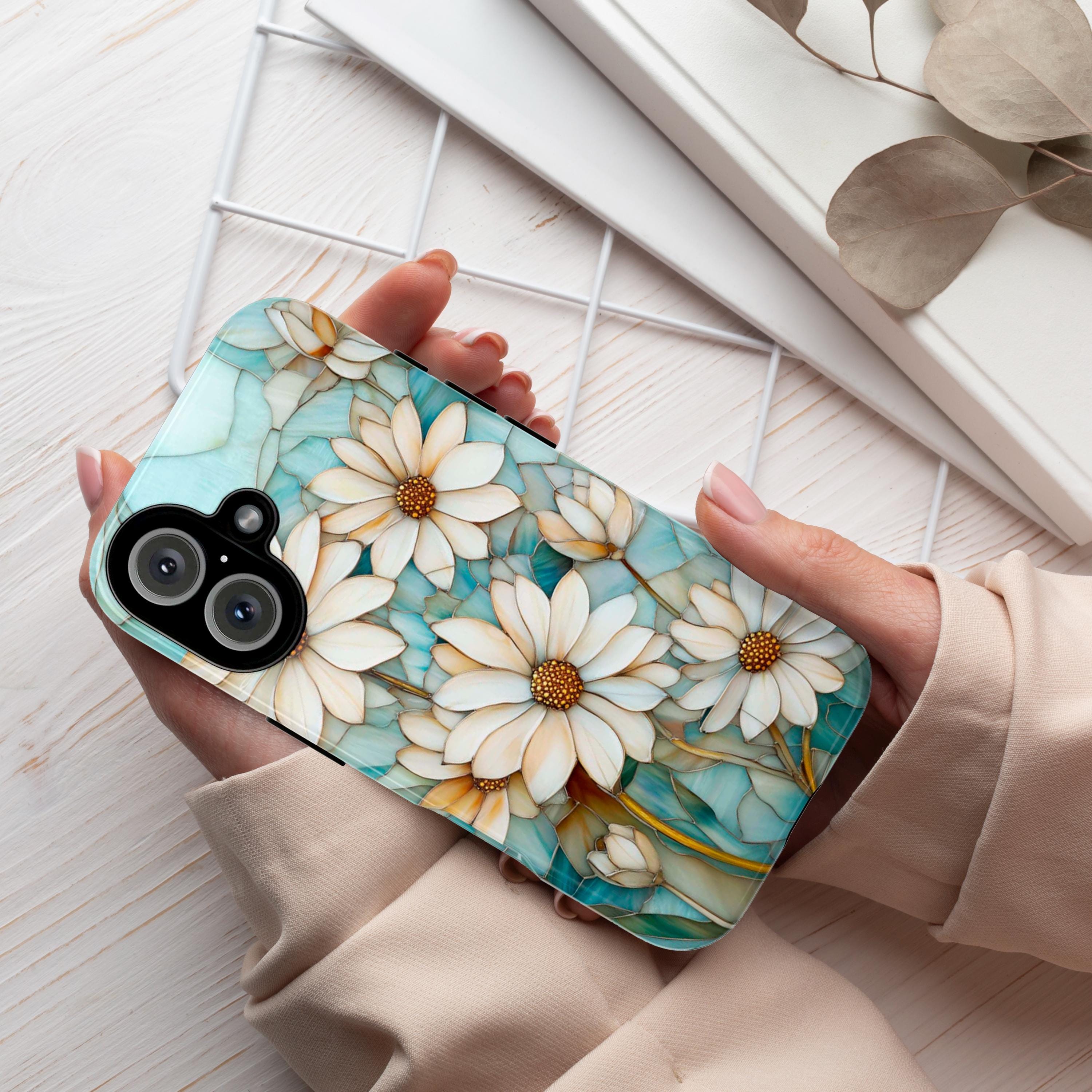 Stained Glass Daisy Floral Phone Case | Elegant Flower Design for iPhone 16 Tough or Magsafe 15 14 13 Plus Pro Max, Galaxy S25, 418.3