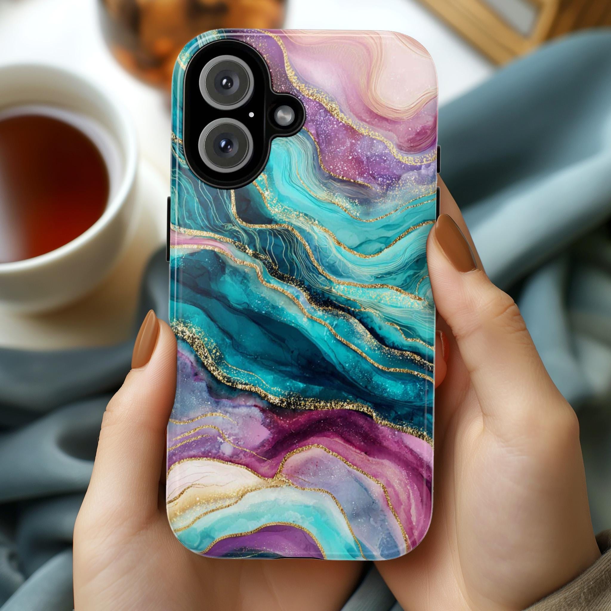 Pink Teal Bold Marble with Gold effect Phone Case, Stylish Protective Cover for iPhone and Android, Chic Modern Aesthetic Accessory, 479.2