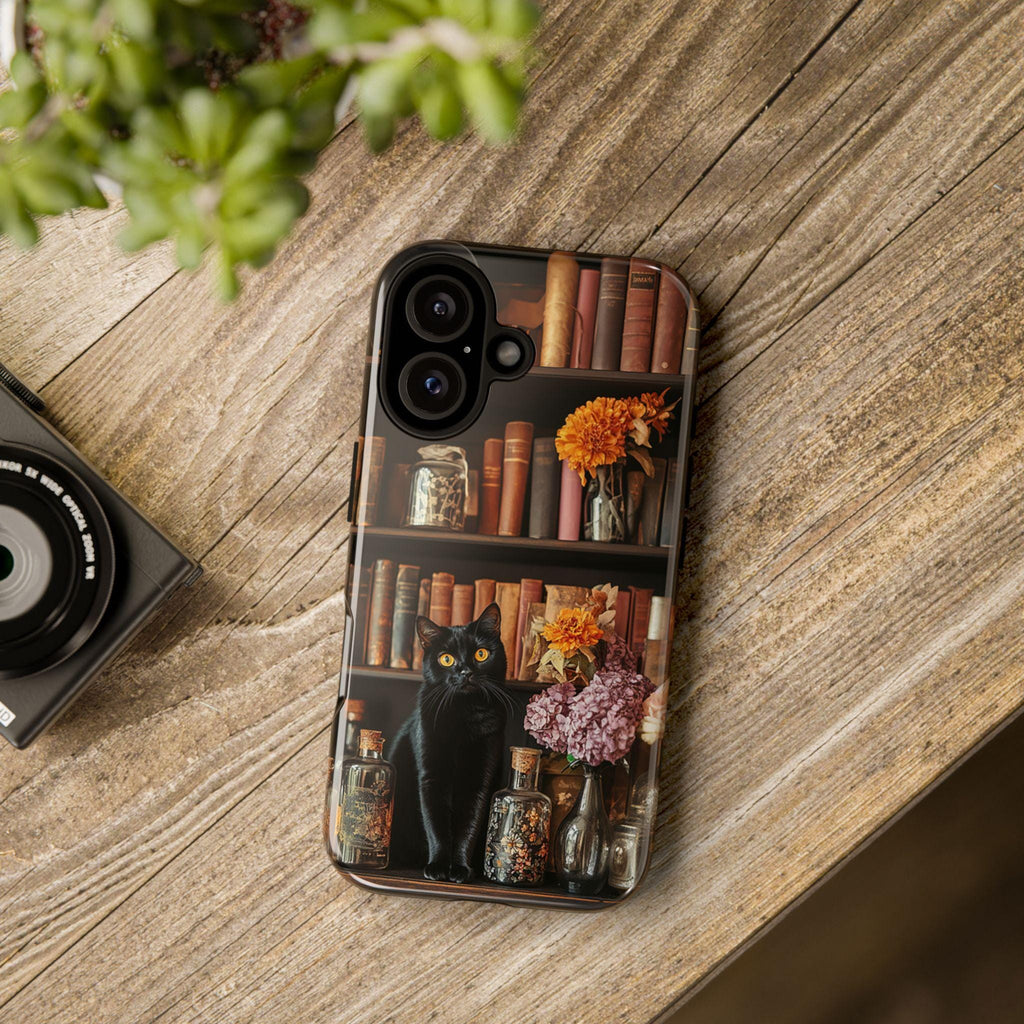 3D Black Cat with Autumn Bookshelf and Flowers Phone Case, Gothic Dark Academia, Mystical Cat and Floral Art for iPhone 16, Samsung, Pixel