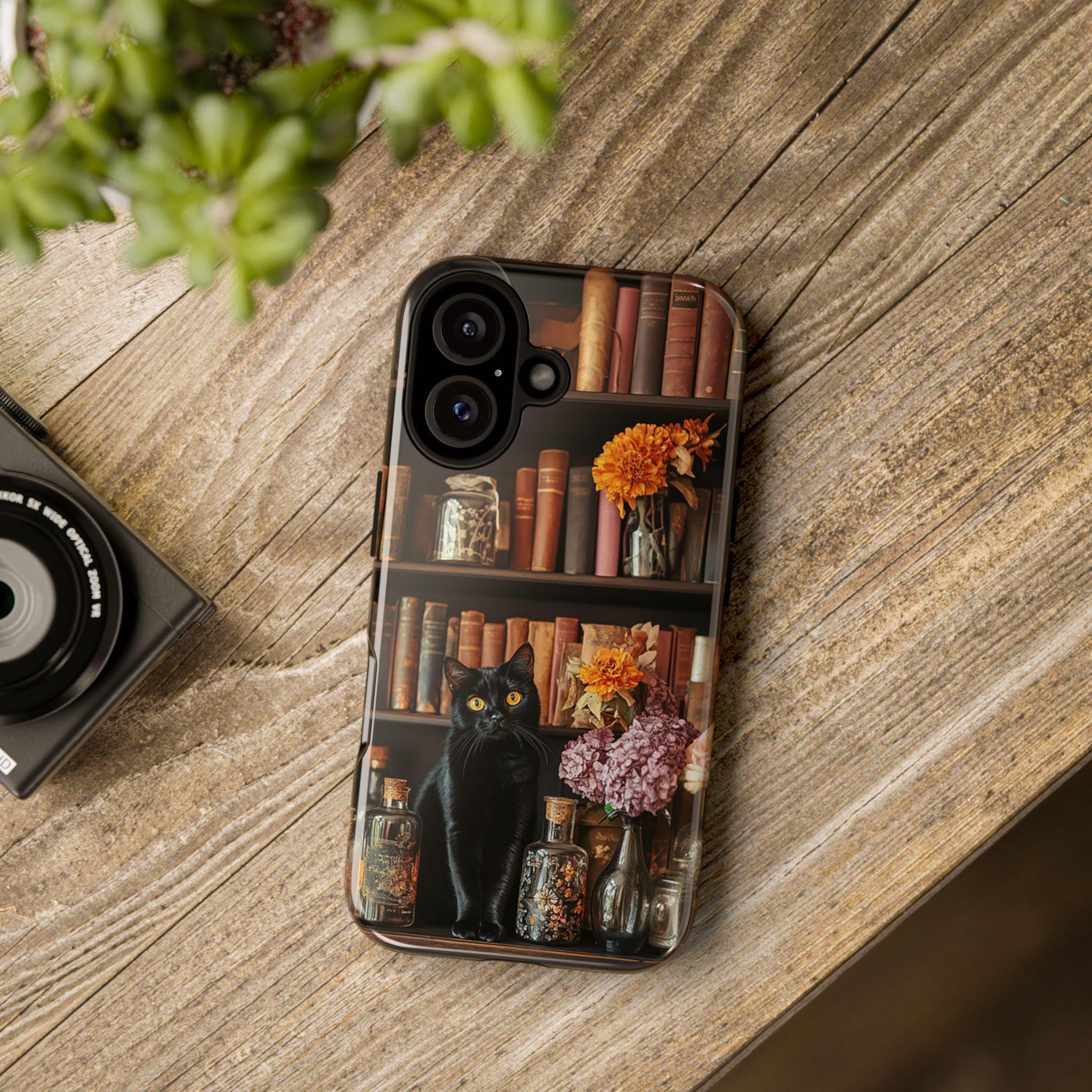 3D Black Cat with Autumn Bookshelf and Flowers Phone Case, Gothic Dark Academia, Mystical Cat and Floral Art for iPhone 16, Samsung, Pixel