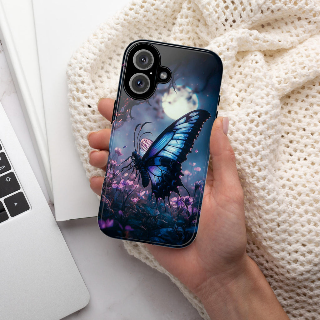 Gothic Butterfly Phone Case, Pink Flowers & Moon Design, Dark Fantasy Mystic Art Phone Cover for iPhone 16, Samsung S25, Pixel 9, 463.8