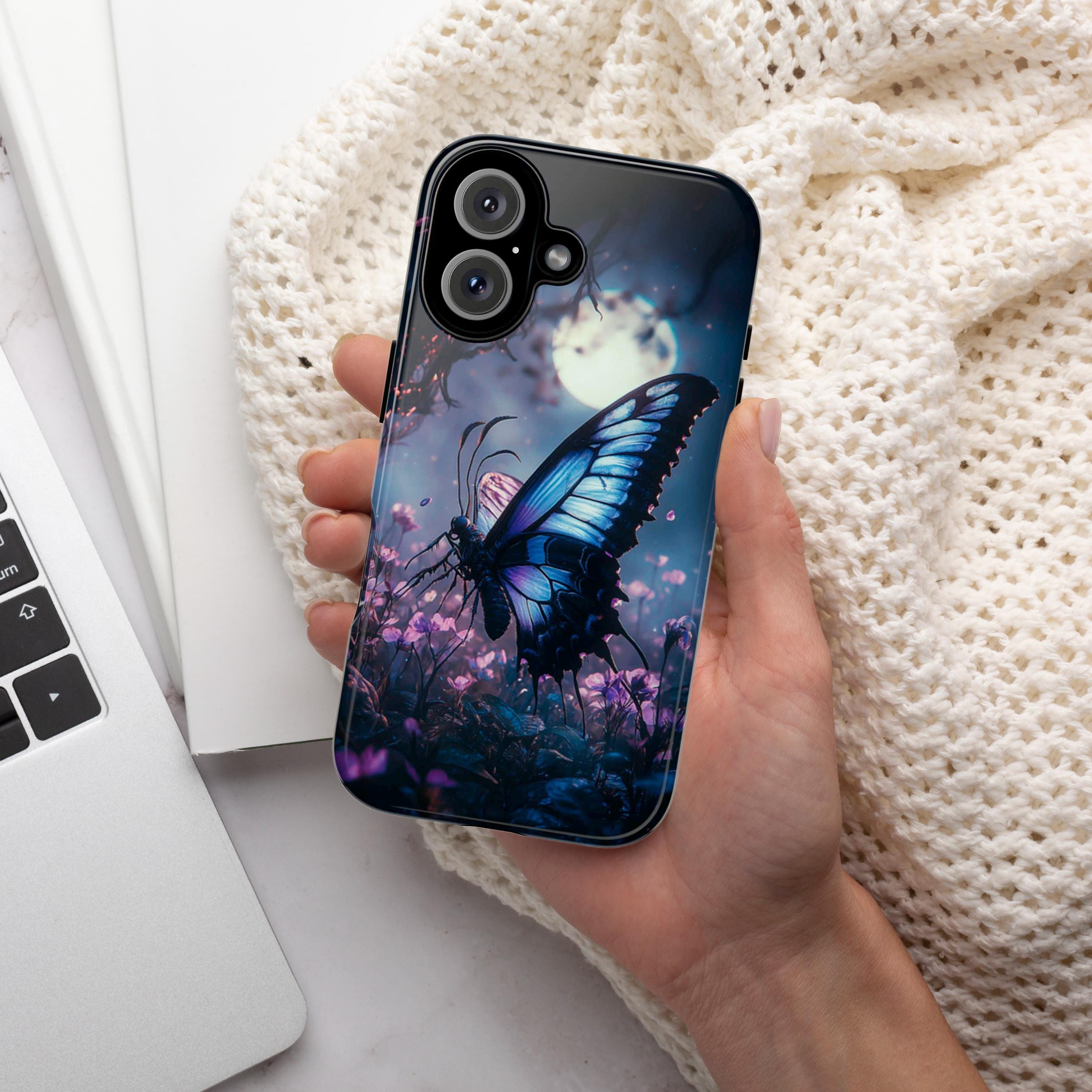 Gothic Butterfly Phone Case, Pink Flowers & Moon Design, Dark Fantasy Mystic Art Phone Cover for iPhone 16, Samsung S25, Pixel 9, 463.8