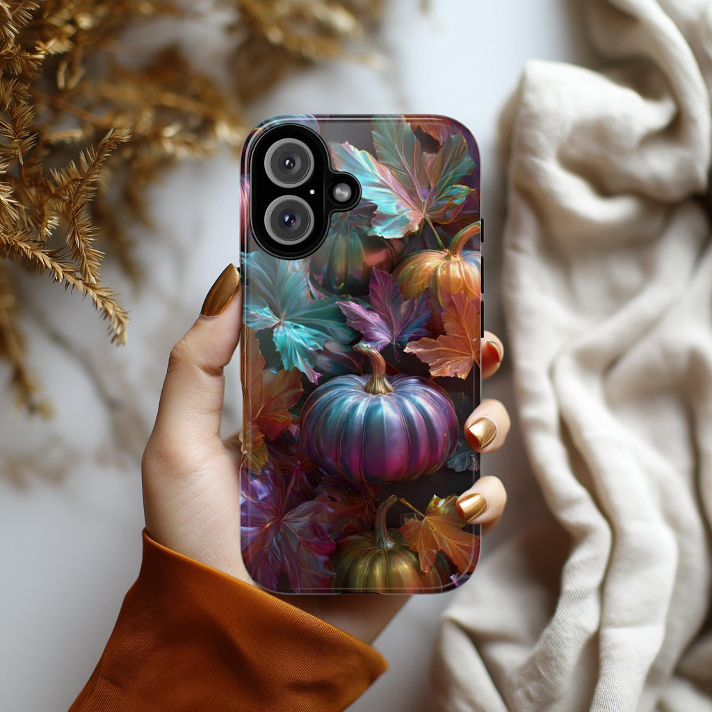 Shiny Halloween Pumpkin Phone Case with Autumn Leaves, Metallic Effect Seasonal Cover for iPhone 16 15 14 Tough or Magsafe, Samsung, 475.22
