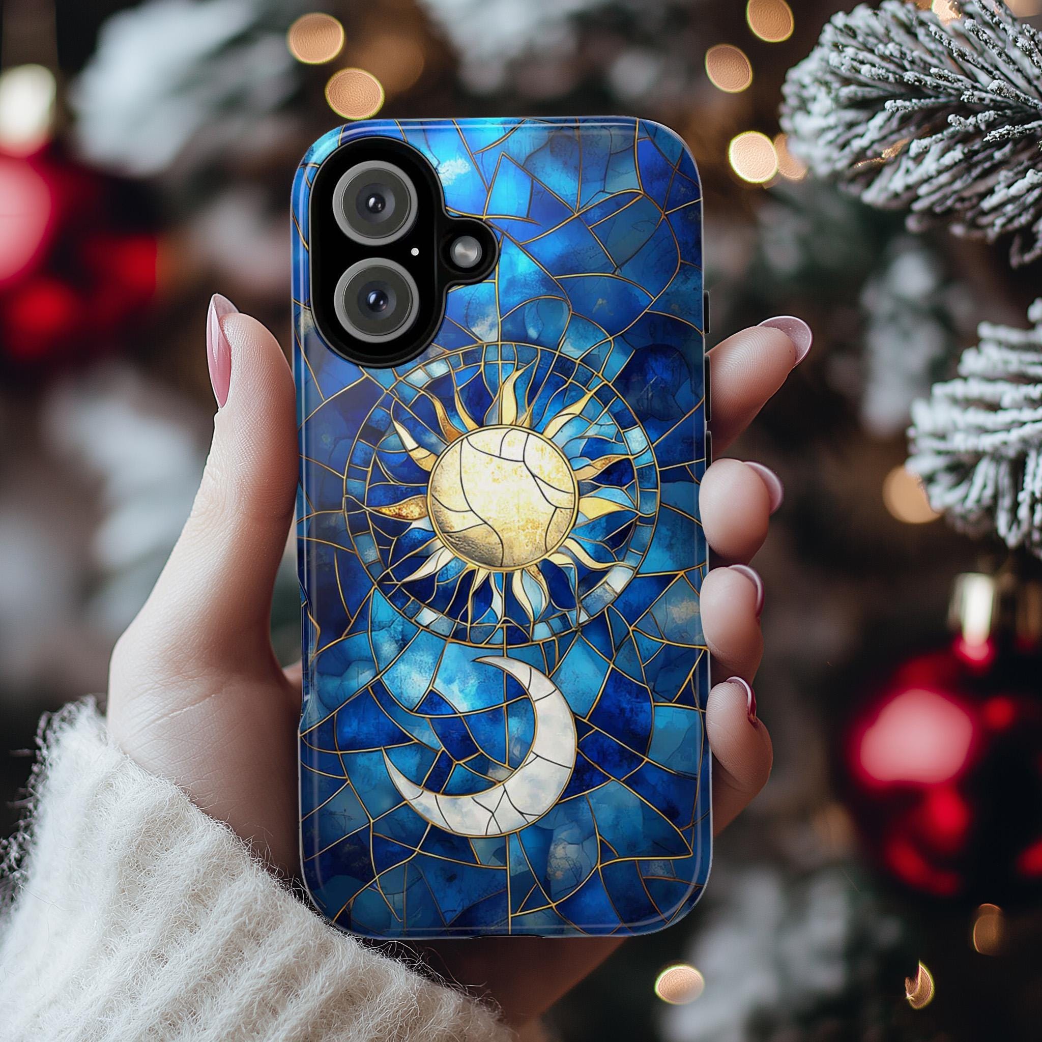 Celestial Moon & Sun Stained Glass Phone Case | Aesthetic Mystic Design for iPhone 16 Pro Max 15 14 13 Plus Mag Safe, Samsung S24 Ultra S23