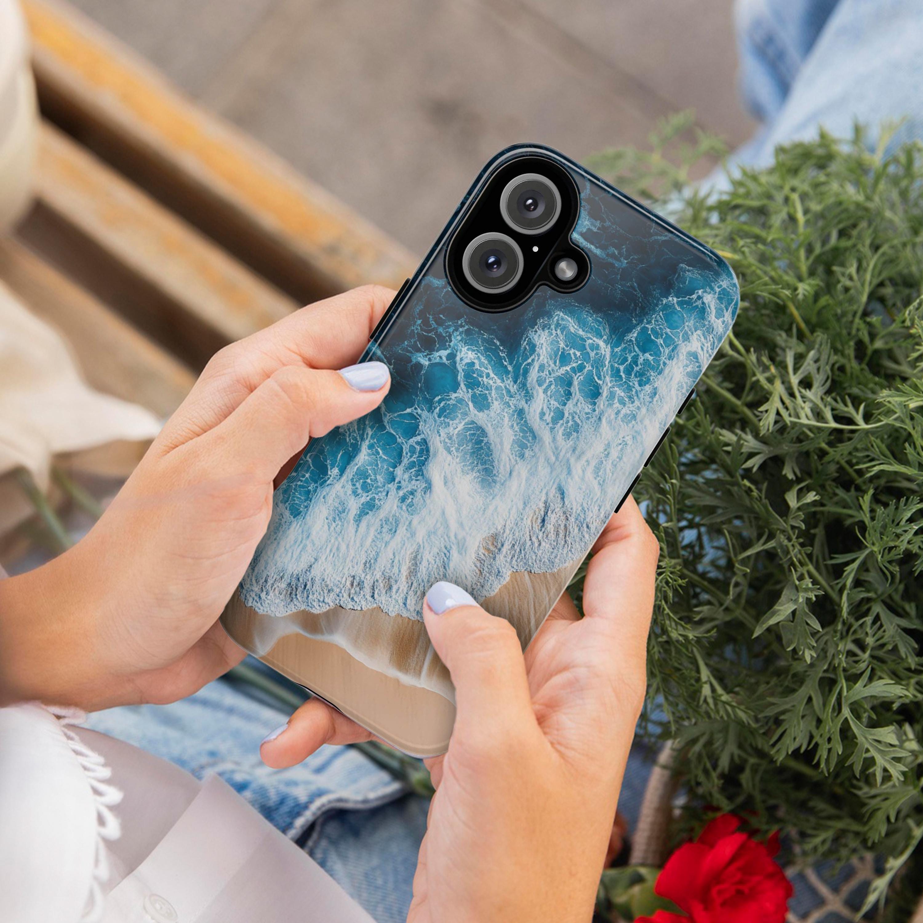 Ocean Wave & Beach Phone Case, Sea Foam and Sand Design, 3D Coastal Art Phone Case for iPhone 16 15 14 Magsafe, Samsung S25, 466.7